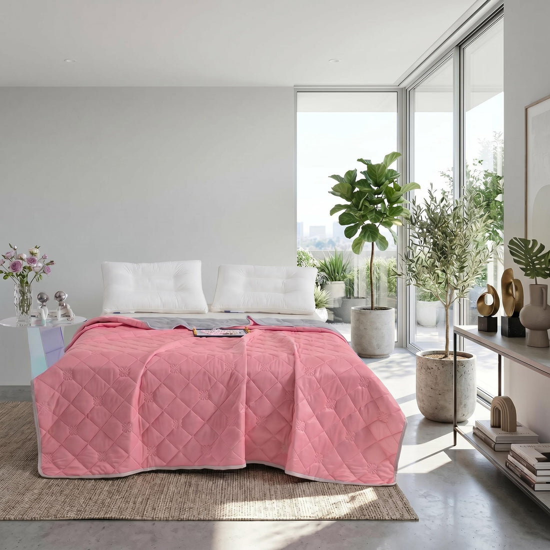 Pink quilted cooling blanket on a bed with a mother and child, showing its soft polyester texture.
