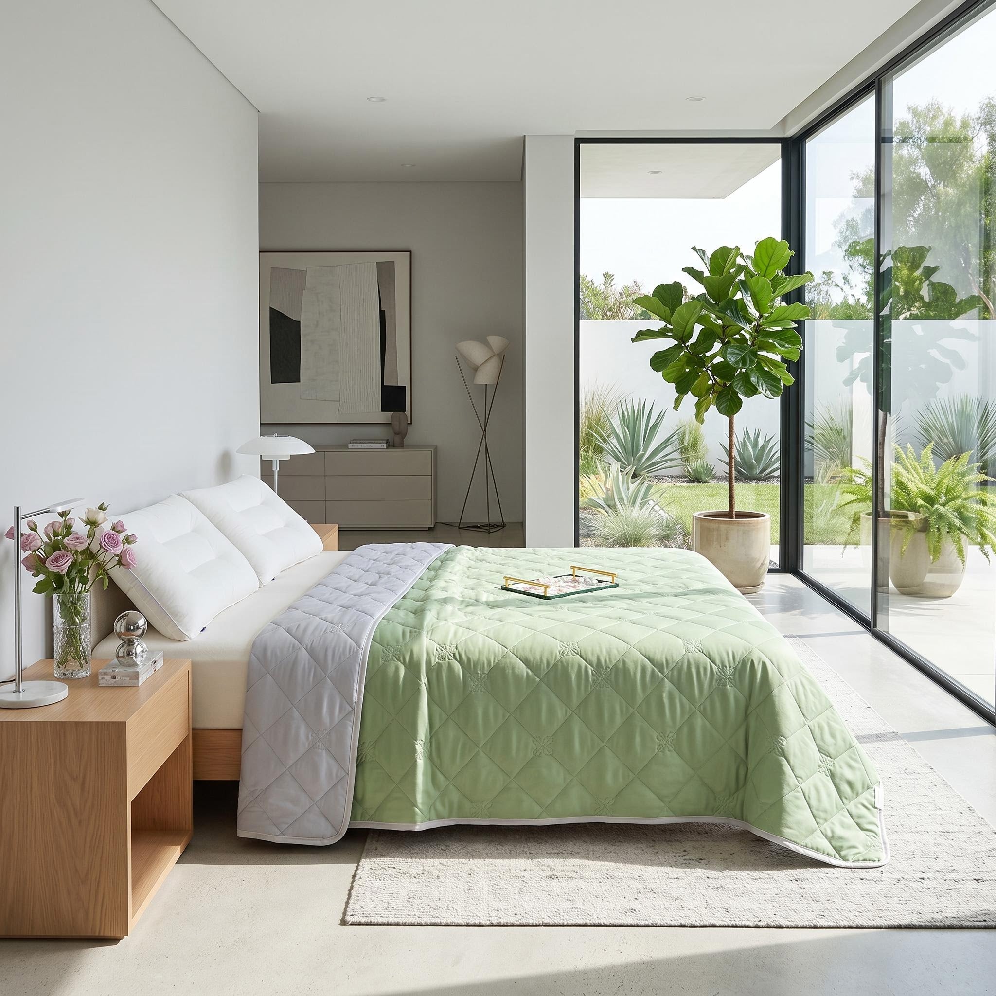Light green and white quilted cooling blanket on a bed in a modern bedroom.