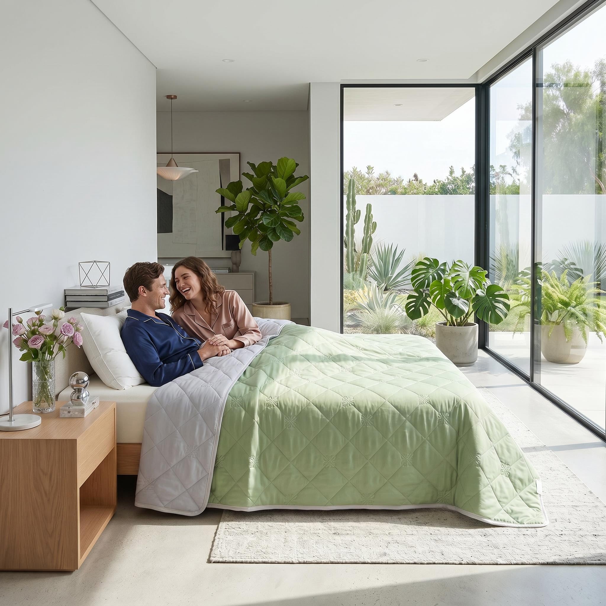 Couple relaxing in bed with a light green and grey reversible quilted cooling blanket.