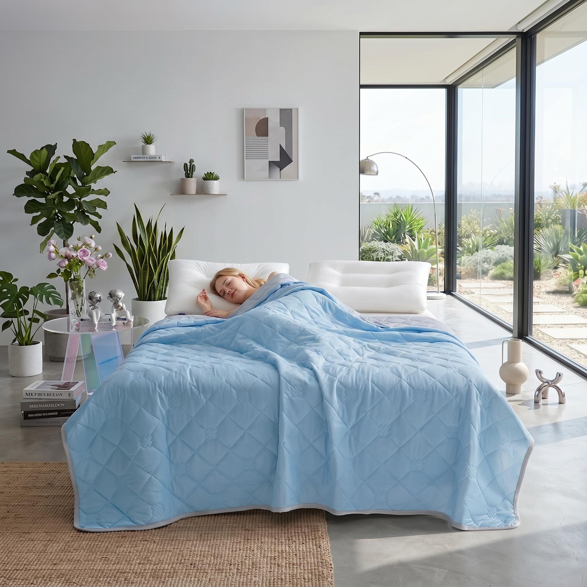Light blue quilted polyester cooling blanket on a bed with a person sleeping, in a modern bedroom.