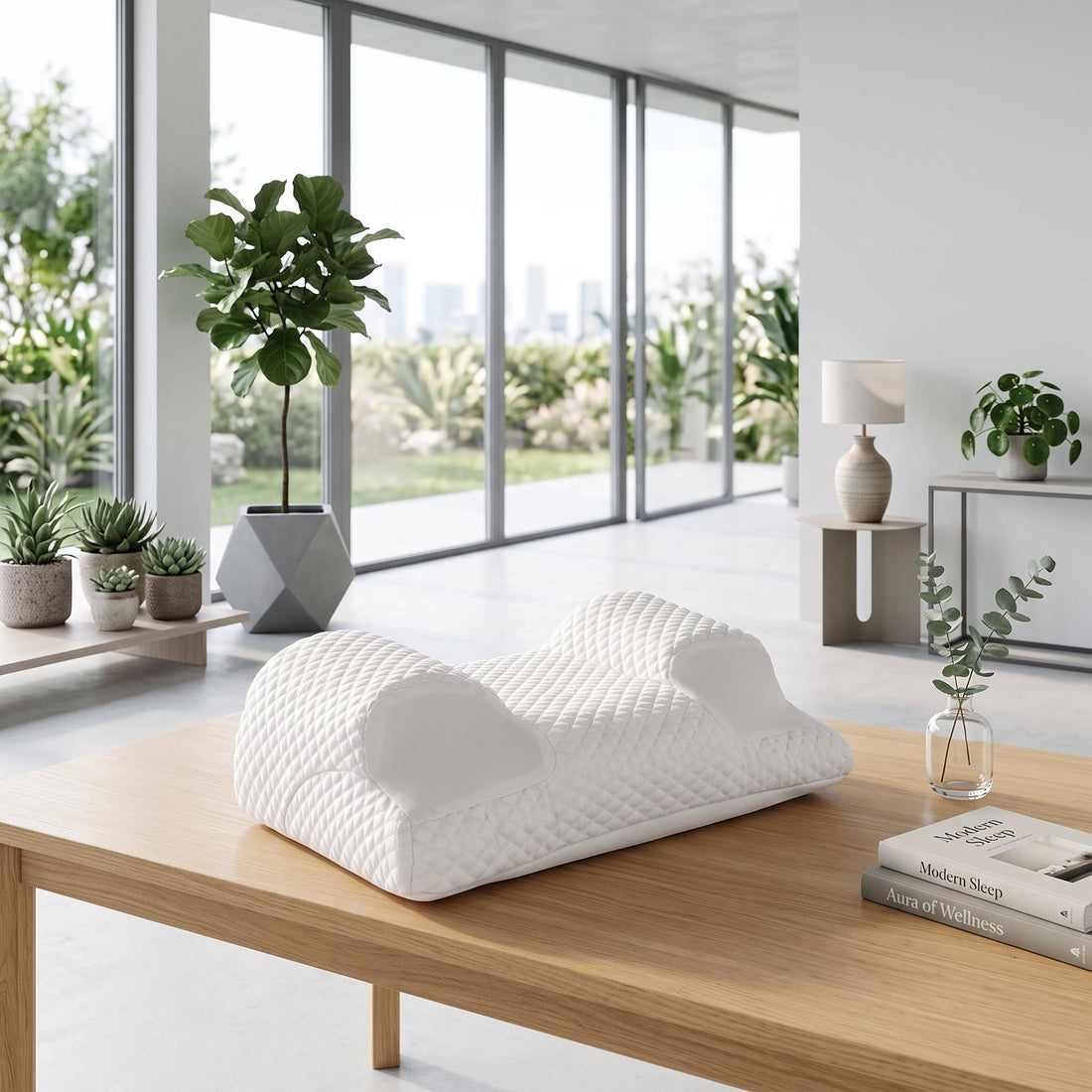Woman sleeping on a white ergonomic memory foam contour pillow with a quilted texture and cooling mesh side panels.