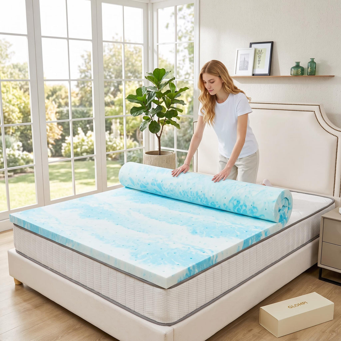 Woman unrolling a thick, blue-marbled cooling gel memory foam mattress topper onto a bed in a bright bedroom.