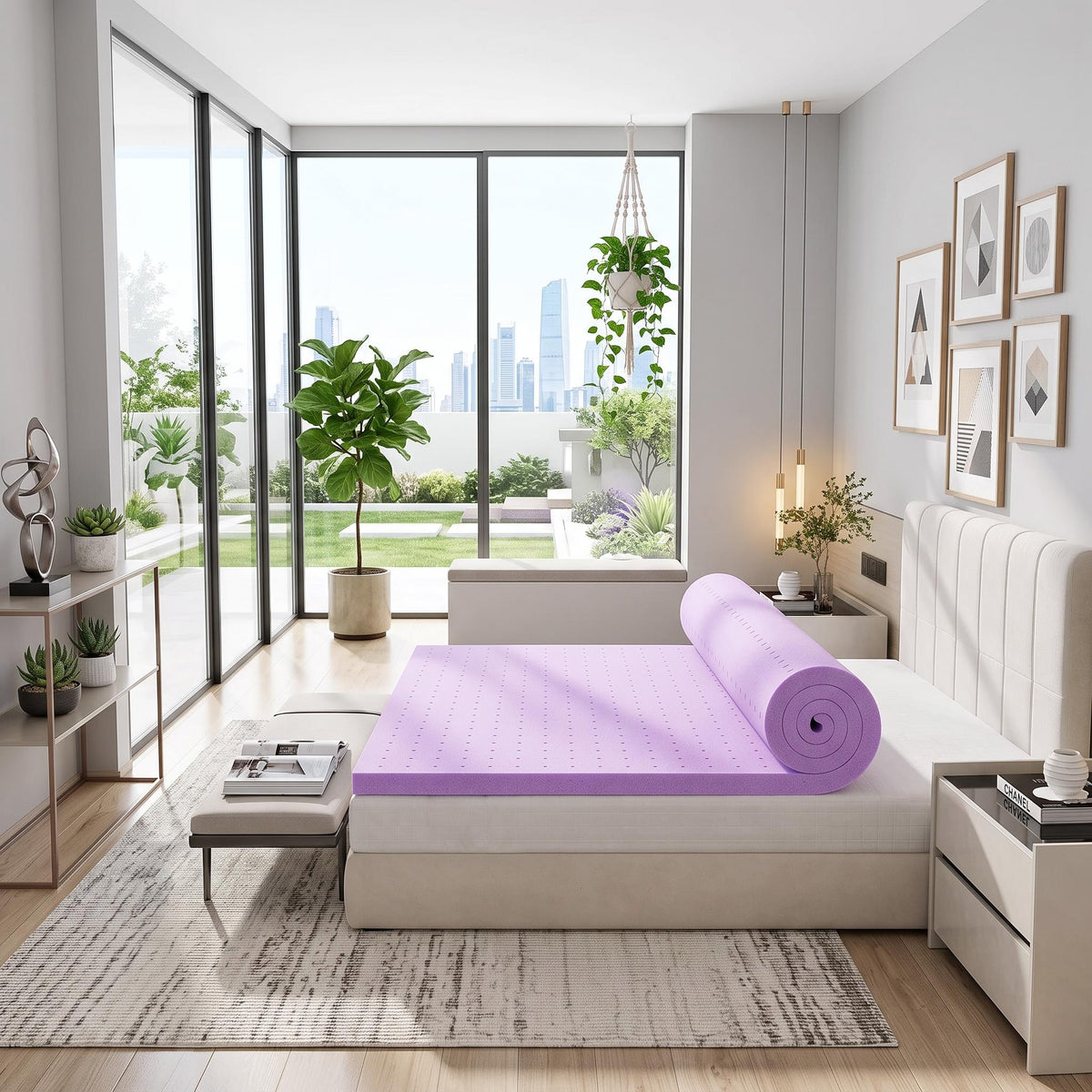 3-inch purple cooling gel memory foam mattress topper partially unrolled on a queen bed in a modern bedroom.