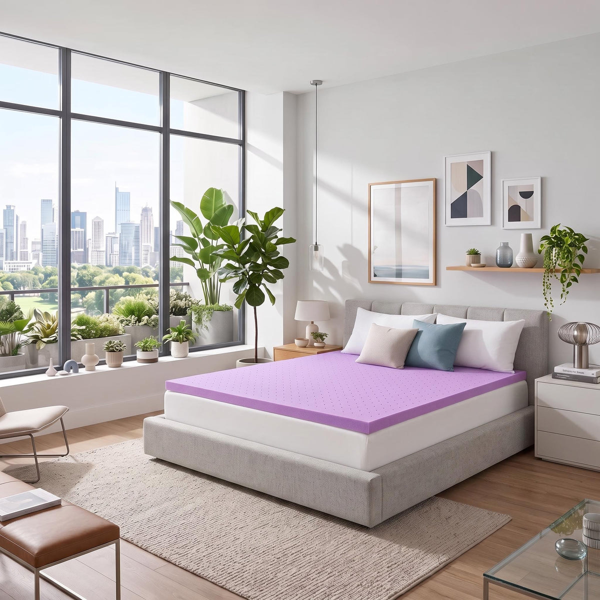 Three-inch purple cooling gel memory foam mattress topper on a queen bed in a modern, sunlit bedroom.