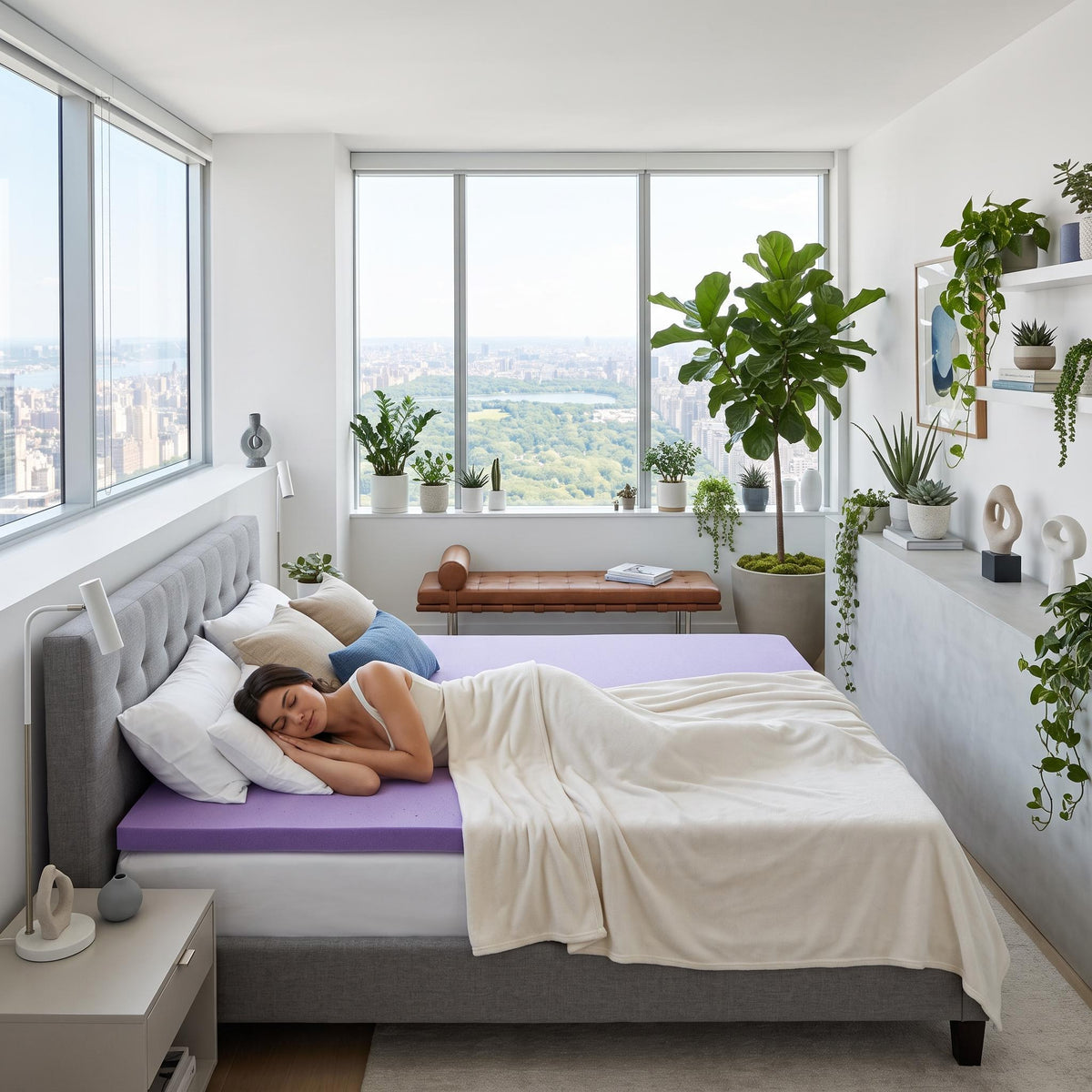 Woman sleeping on a 3-inch purple cooling gel memory foam mattress topper in a bright, plant-filled bedroom.