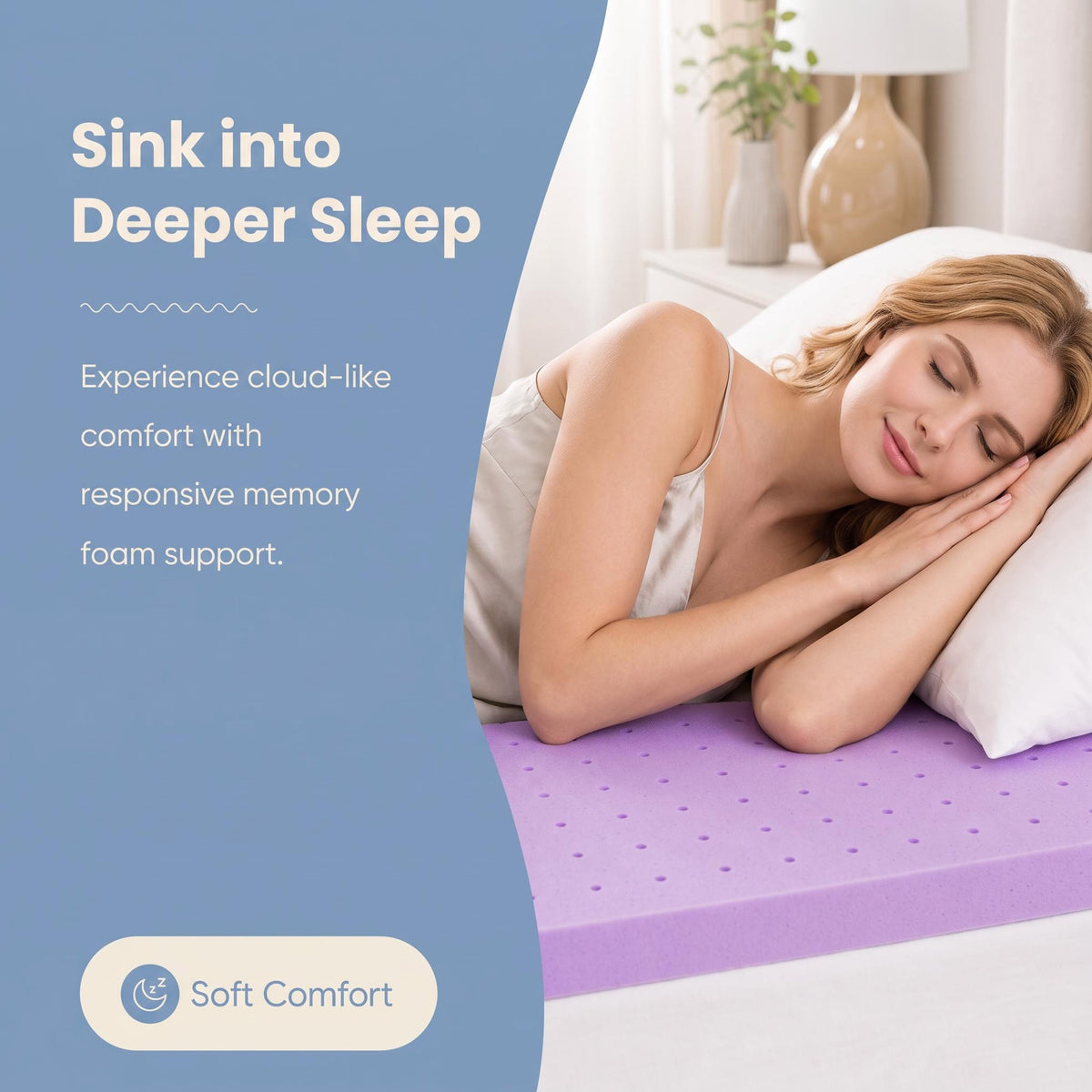 Woman sleeping on a 3-inch purple ventilated cooling gel memory foam mattress topper for soft, ergonomic support.