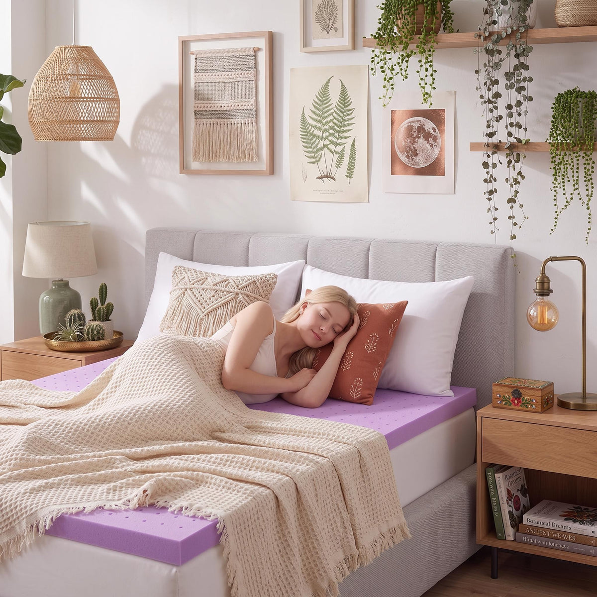 Woman sleeping on a 3-inch purple cooling gel memory foam mattress topper with a ventilated design in a cozy bedroom.