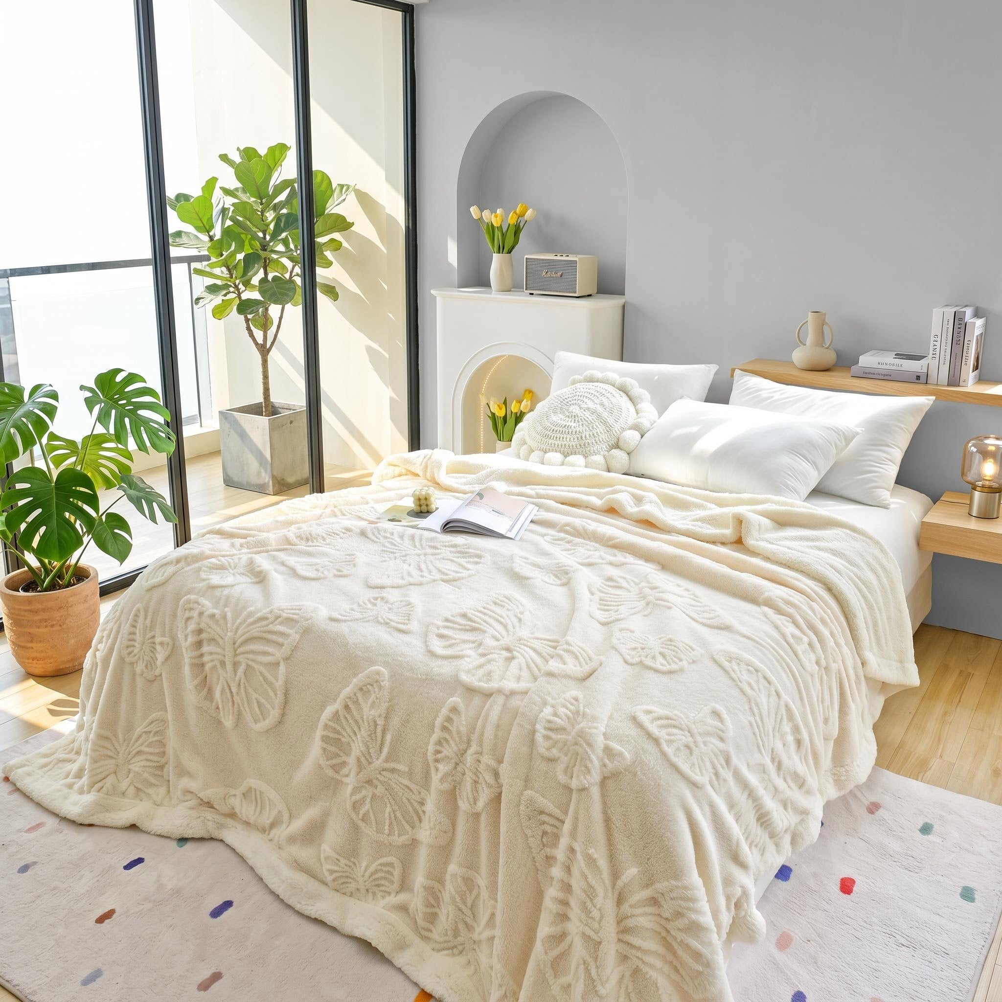 White coral fleece blanket with embossed butterfly charm design on a bed.