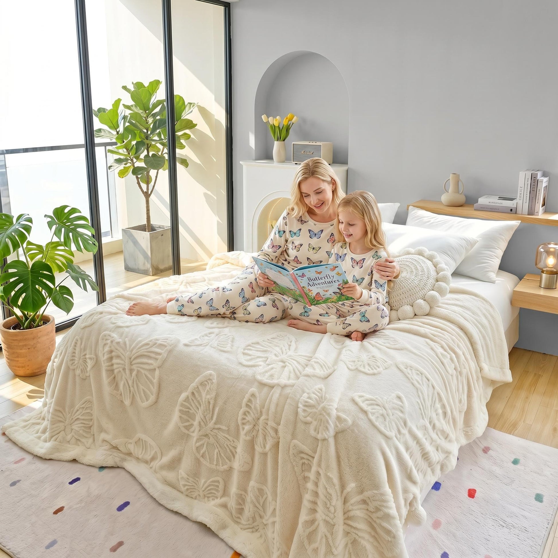 White coral fleece blanket with embossed butterfly design, covering a bed where a mother reads to her child.