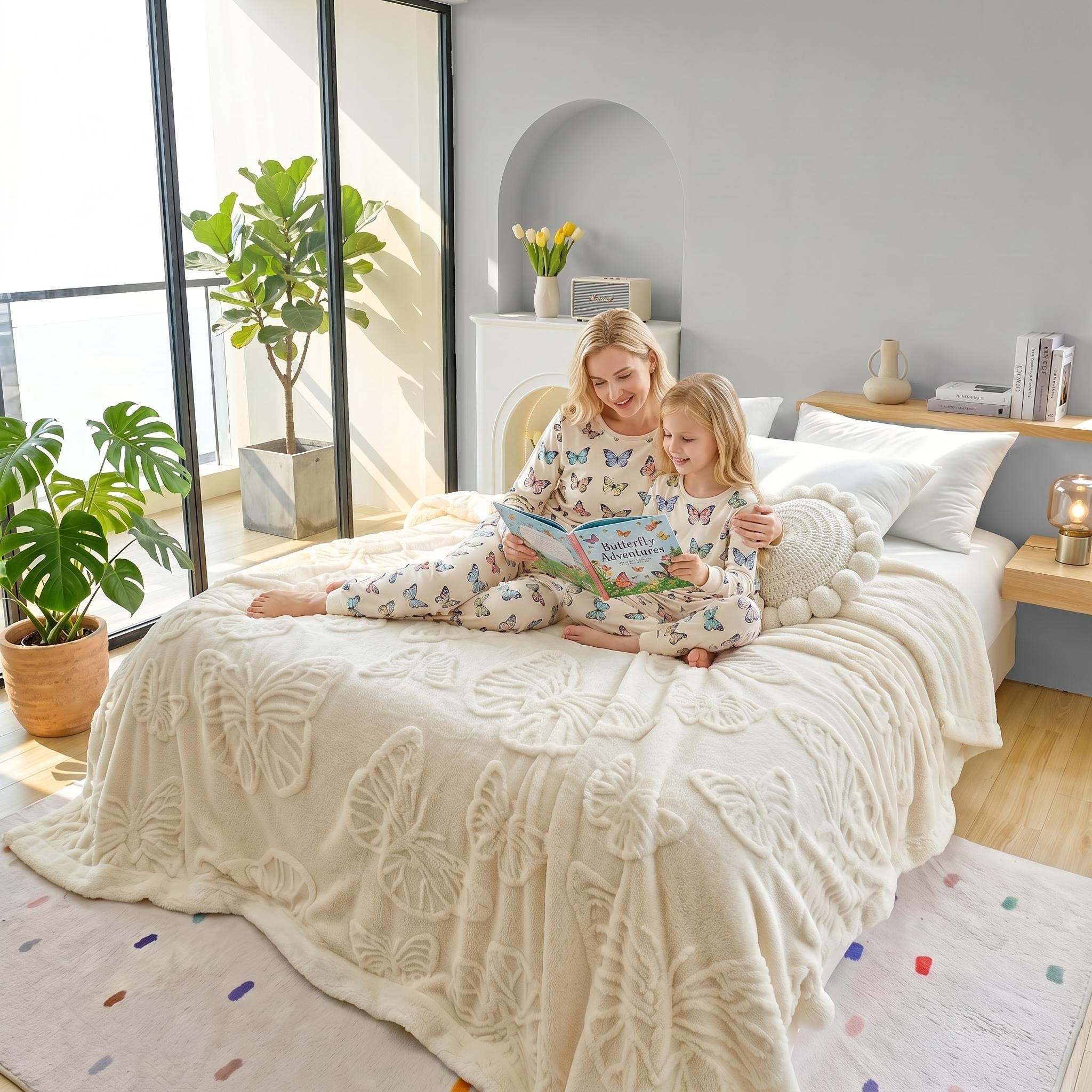 White coral fleece blanket with embossed butterfly design, covering a bed where a mother reads to her child.