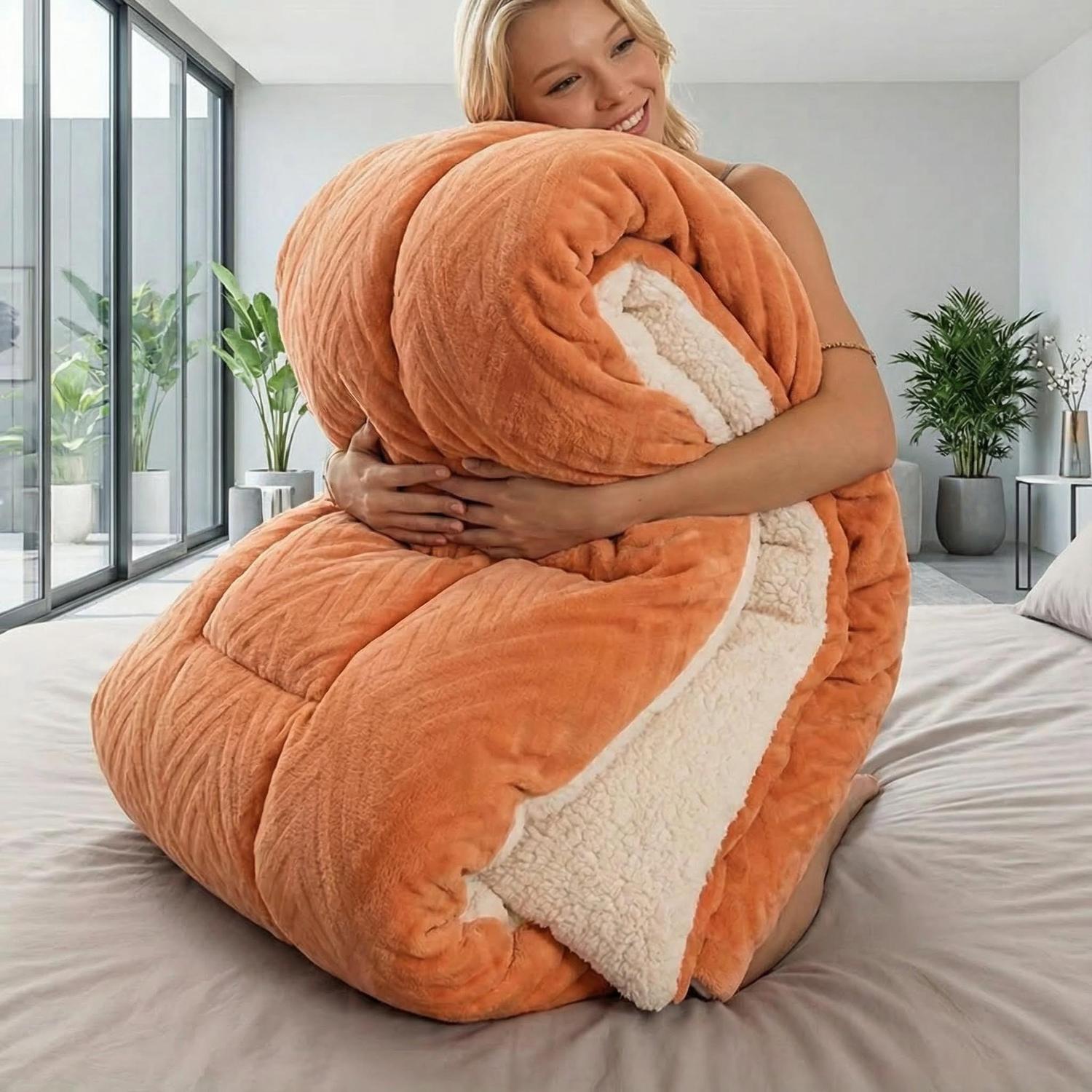 Smiling woman hugging a cozy coral fleece weighted blanket with milk velvet and imitation lambswool lining.
