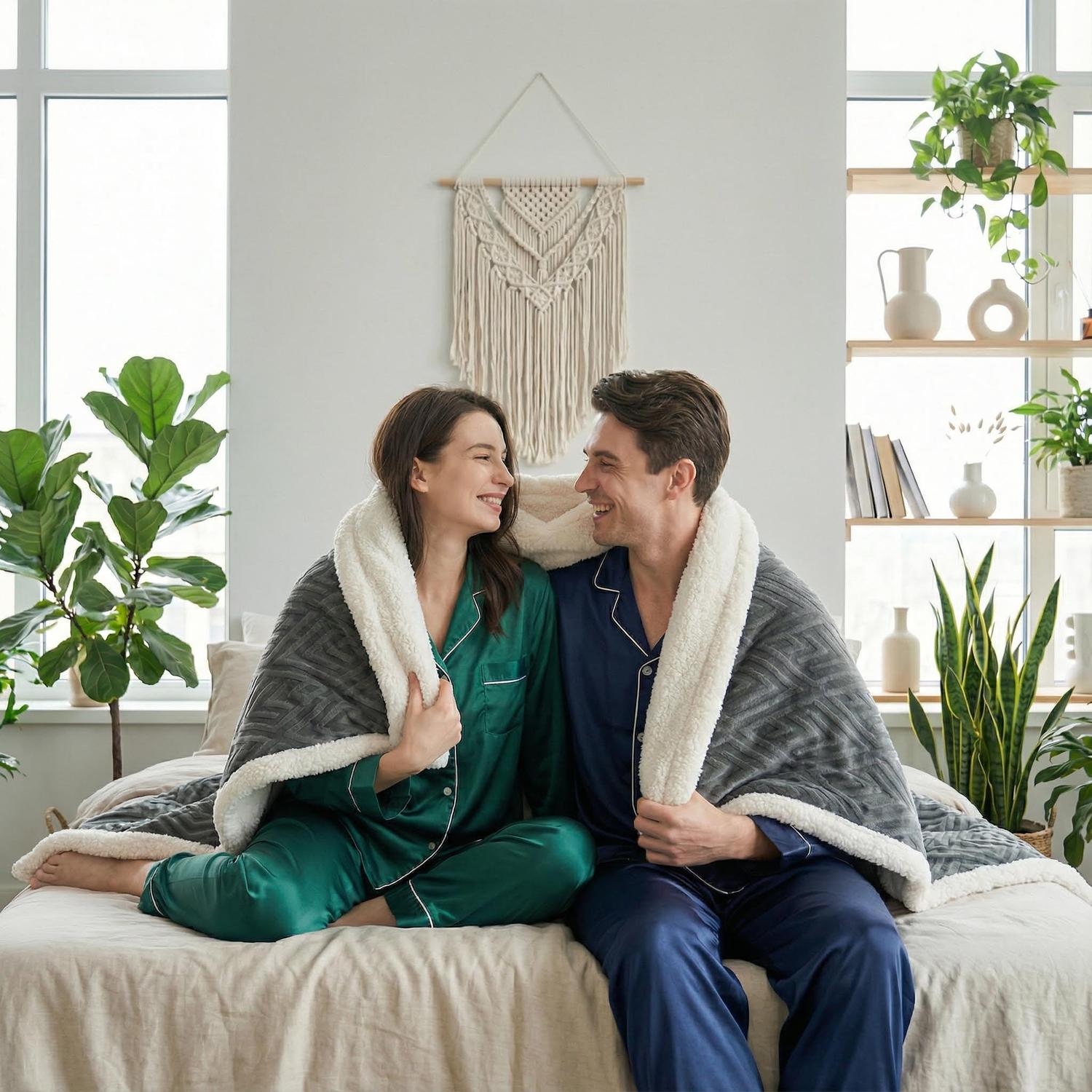Happy couple in pajamas sharing a gray geometric coral fleece weighted blanket with soft imitation lambswool lining.