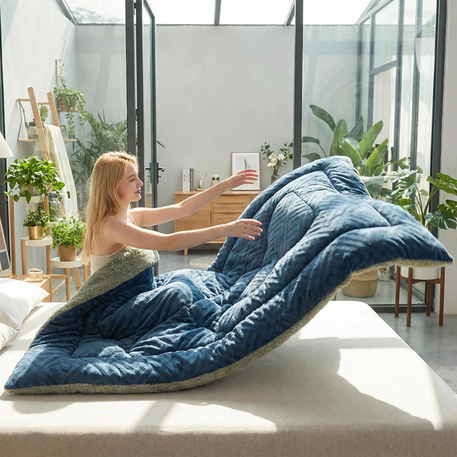 Deep blue gray coral fleece weighted blanket with milk velvet and imitation lambswool, held by a woman on a bed.