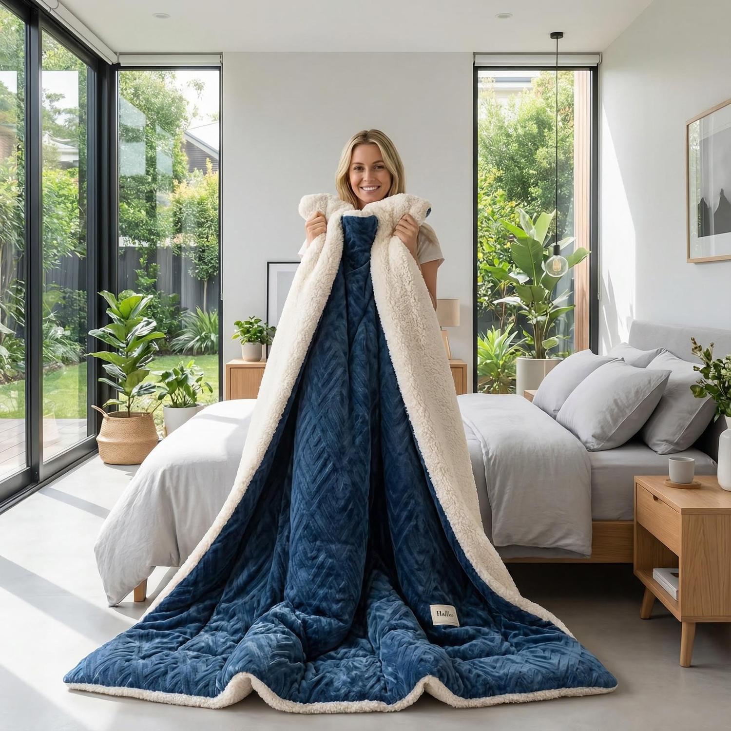 Smiling woman holding a deep blue coral fleece weighted blanket with a soft white imitation lambswool lining.