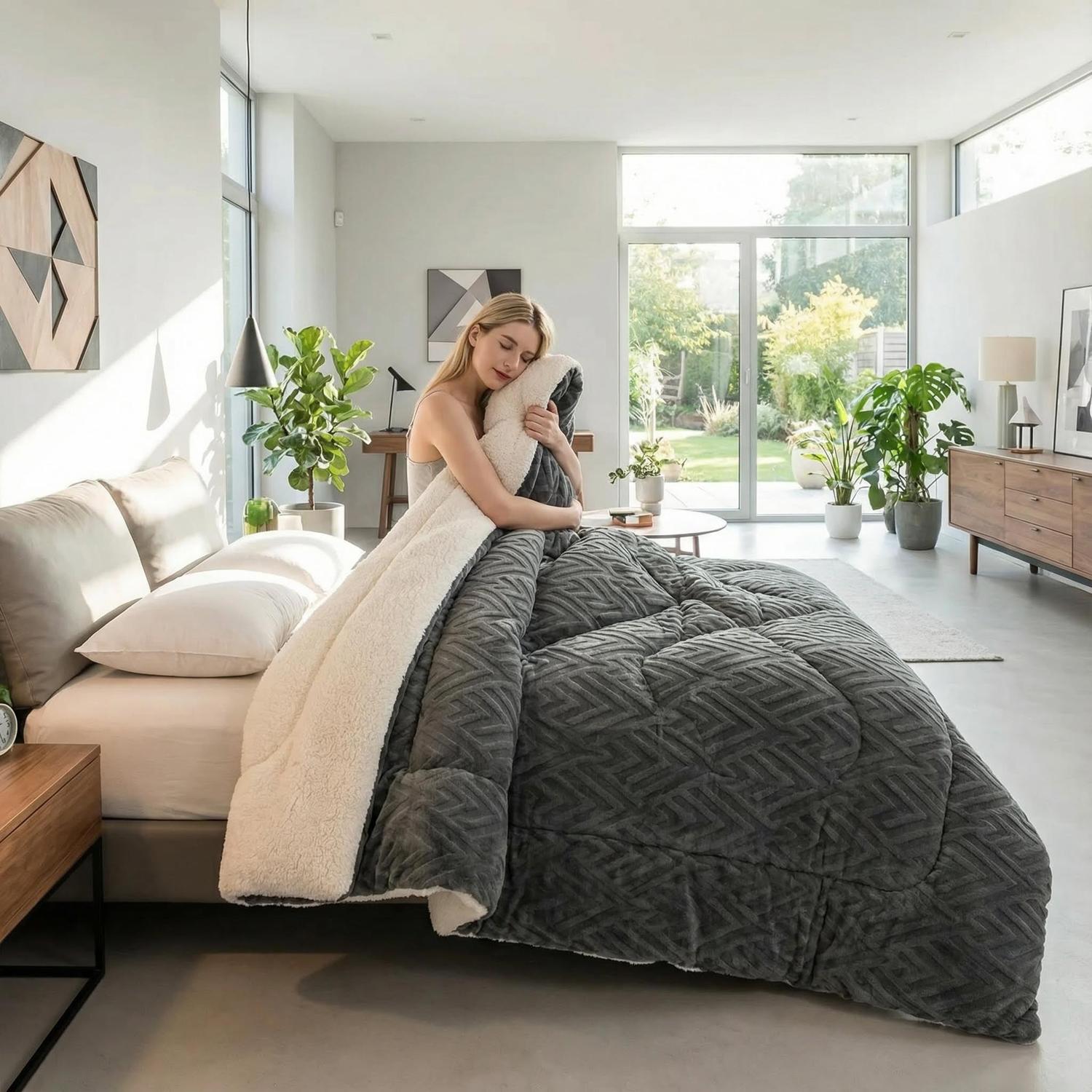 Woman on a bed hugging a deep gray coral fleece weighted blanket with a white lambswool lining.