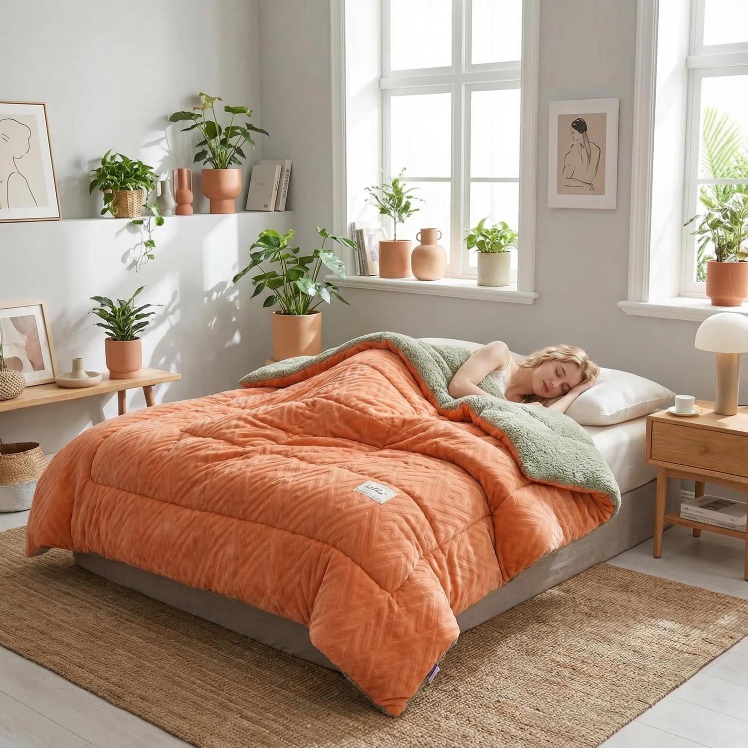 Orange gray coral fleece weighted blanket on a queen bed, with a woman sleeping.