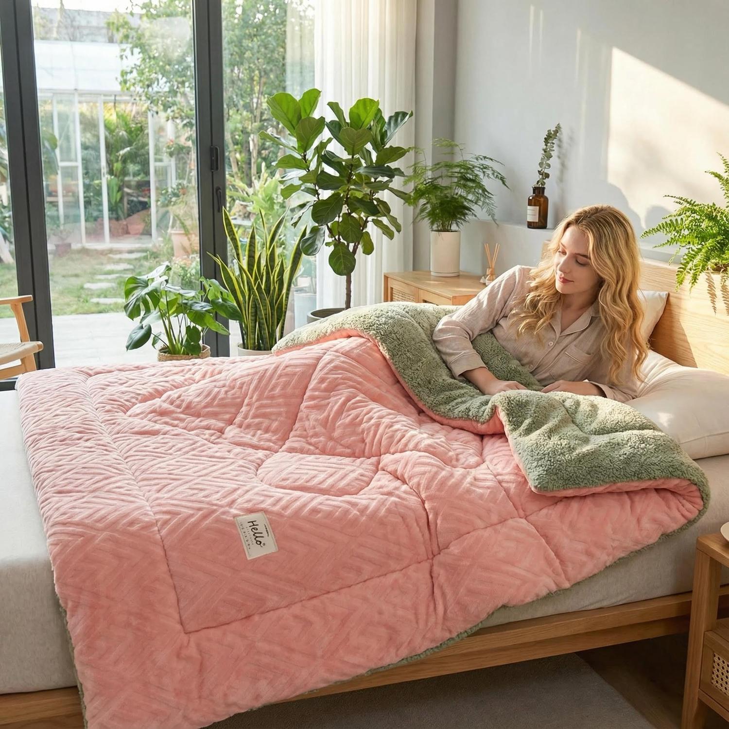 Pink and green coral fleece weighted blanket on a bed with a woman relaxing.