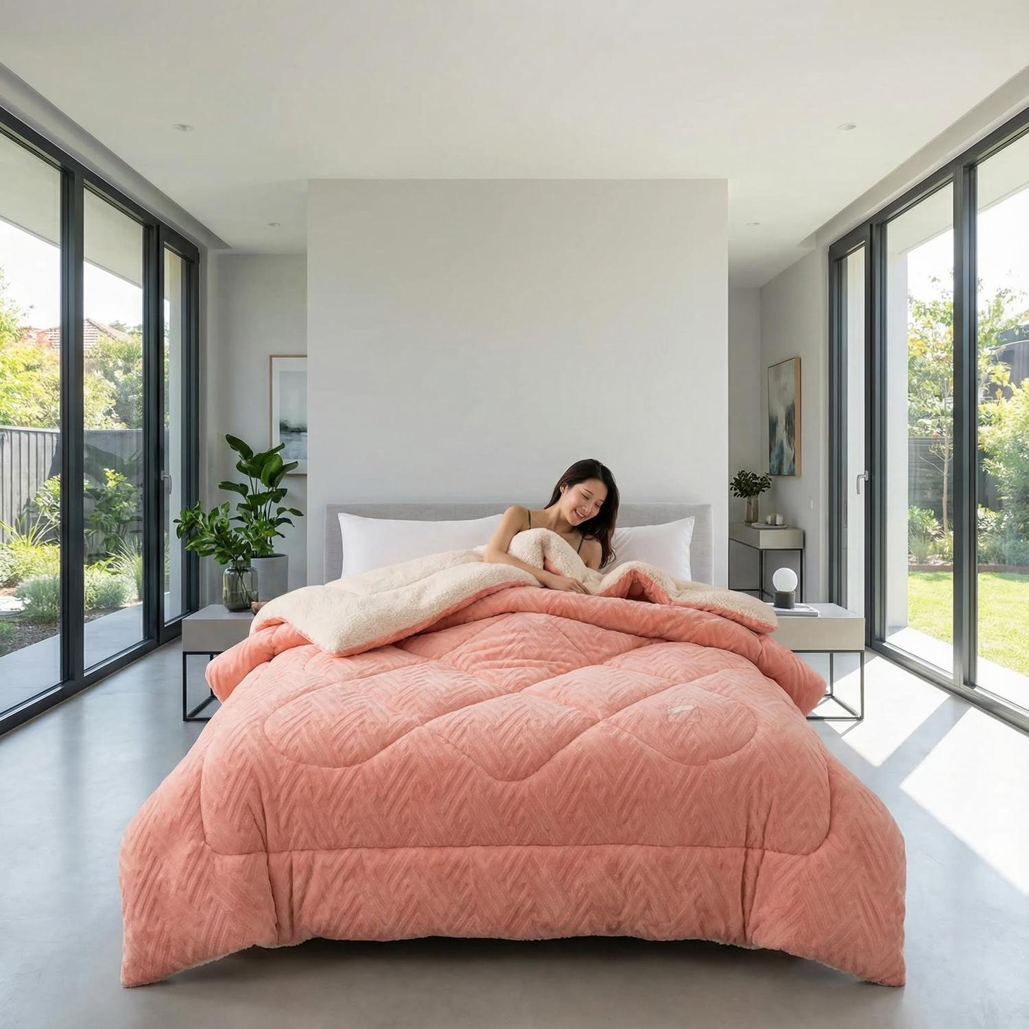 Pink and white coral fleece weighted blanket on a queen bed with a smiling woman.