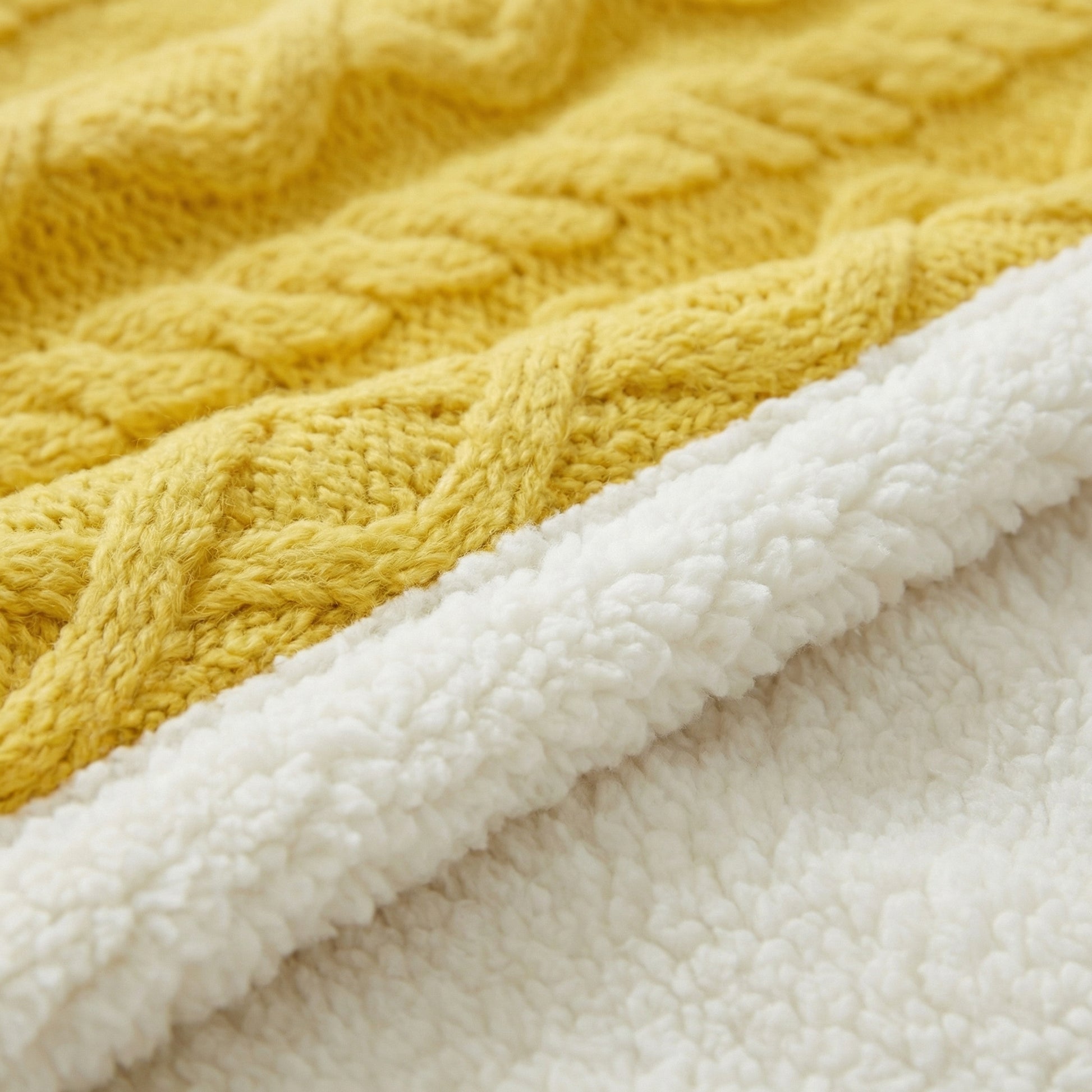 Close-up of a reversible yellow knitted Coral Velvet Blanket with a soft white sherpa fleece underside.