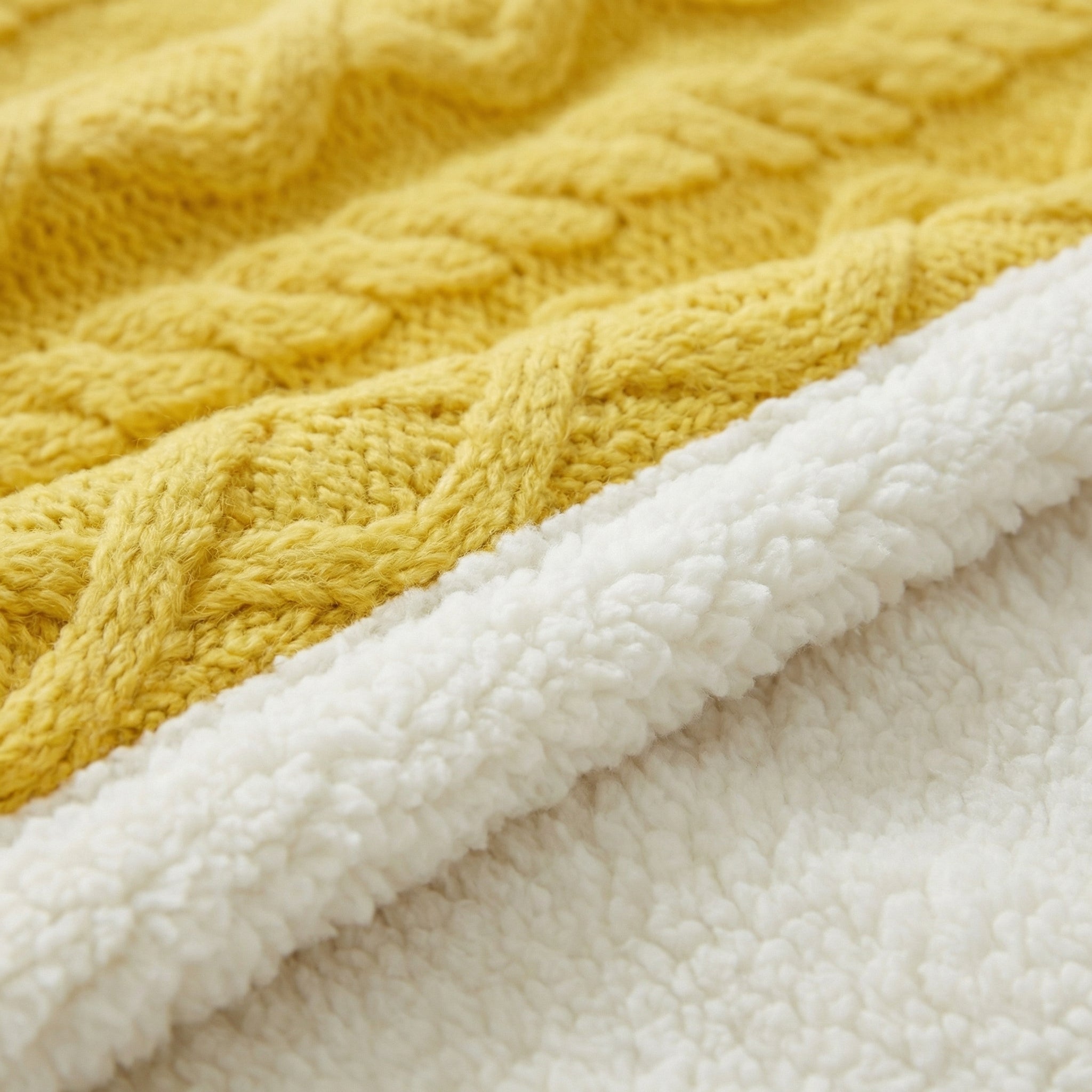 Close-up of a reversible yellow knitted Coral Velvet Blanket with a soft white sherpa fleece underside.