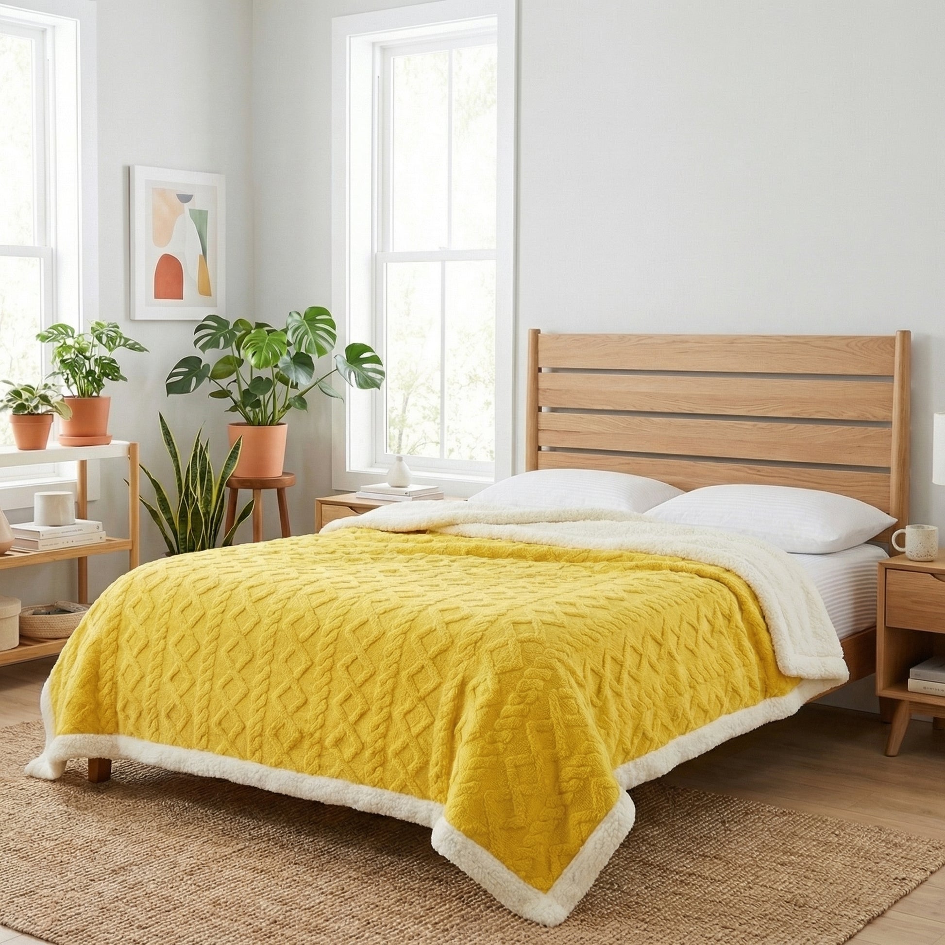 Yellow Coral Velvet Blanket with a textured diamond pattern and soft white sherpa lining on a bed.