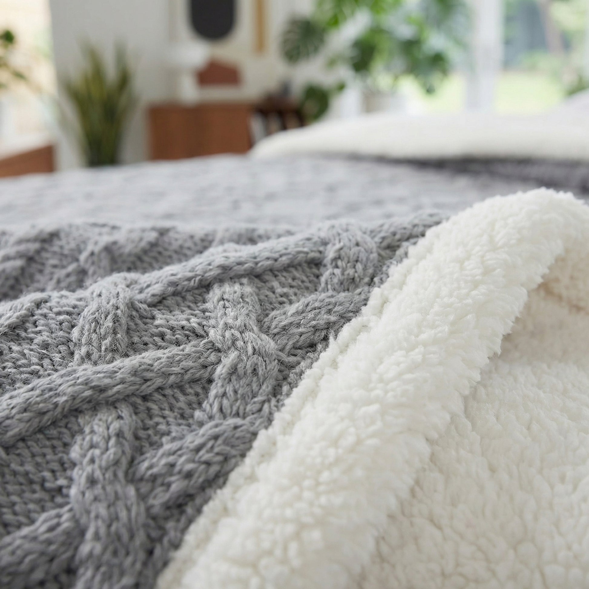 Reversible grey cable knit coral velvet blanket with a soft white sherpa fleece lining.
