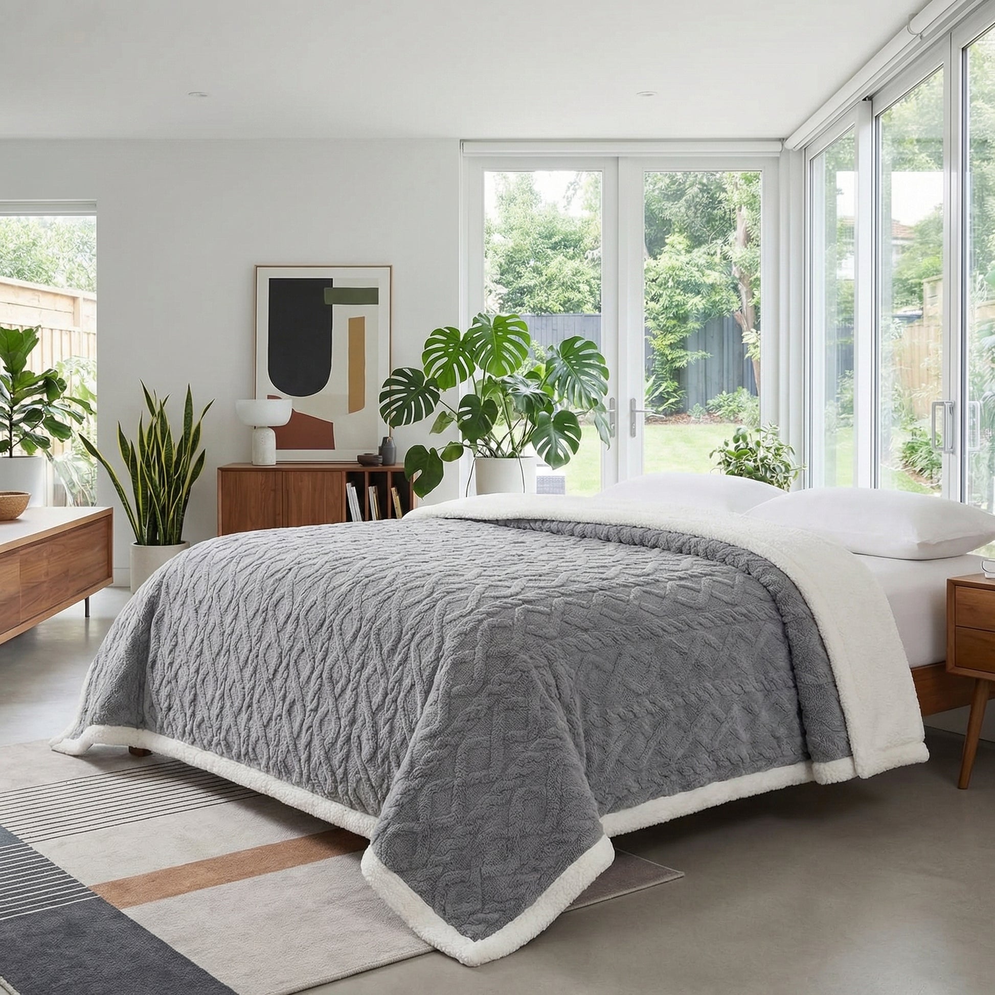 Gray Coral Velvet Blanket with a textured pattern and soft white sherpa reverse, draped on a bed in a bright room.