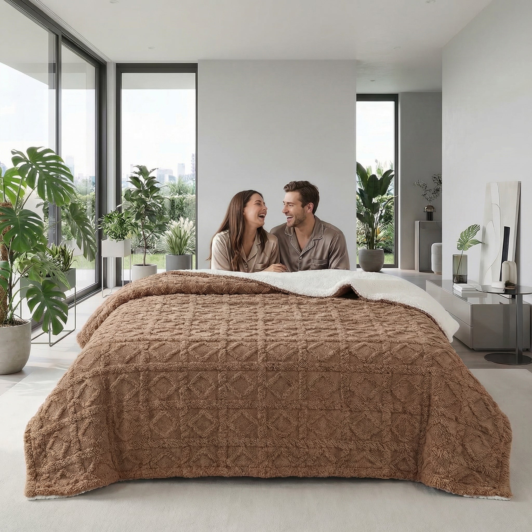 Brown Coral Velvet Blanket with a textured geometric pattern and a cream reversible side, draped over a bed.