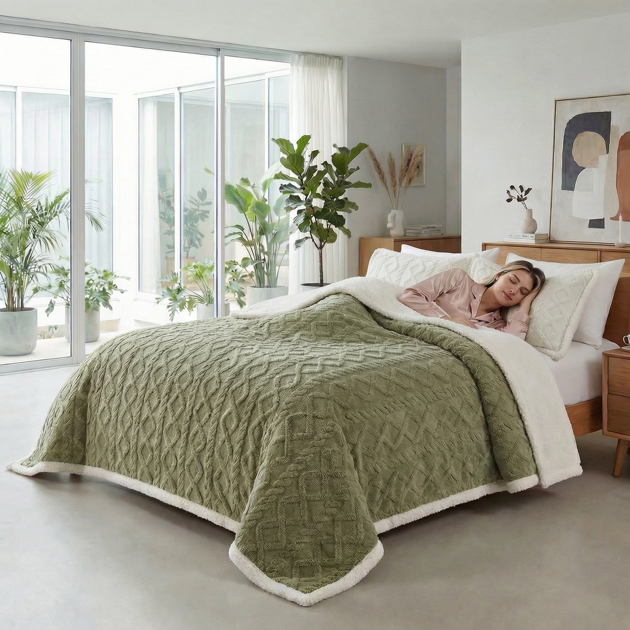 Woman sleeping under a reversible green coral velvet blanket with a textured pattern and soft white sherpa lining.