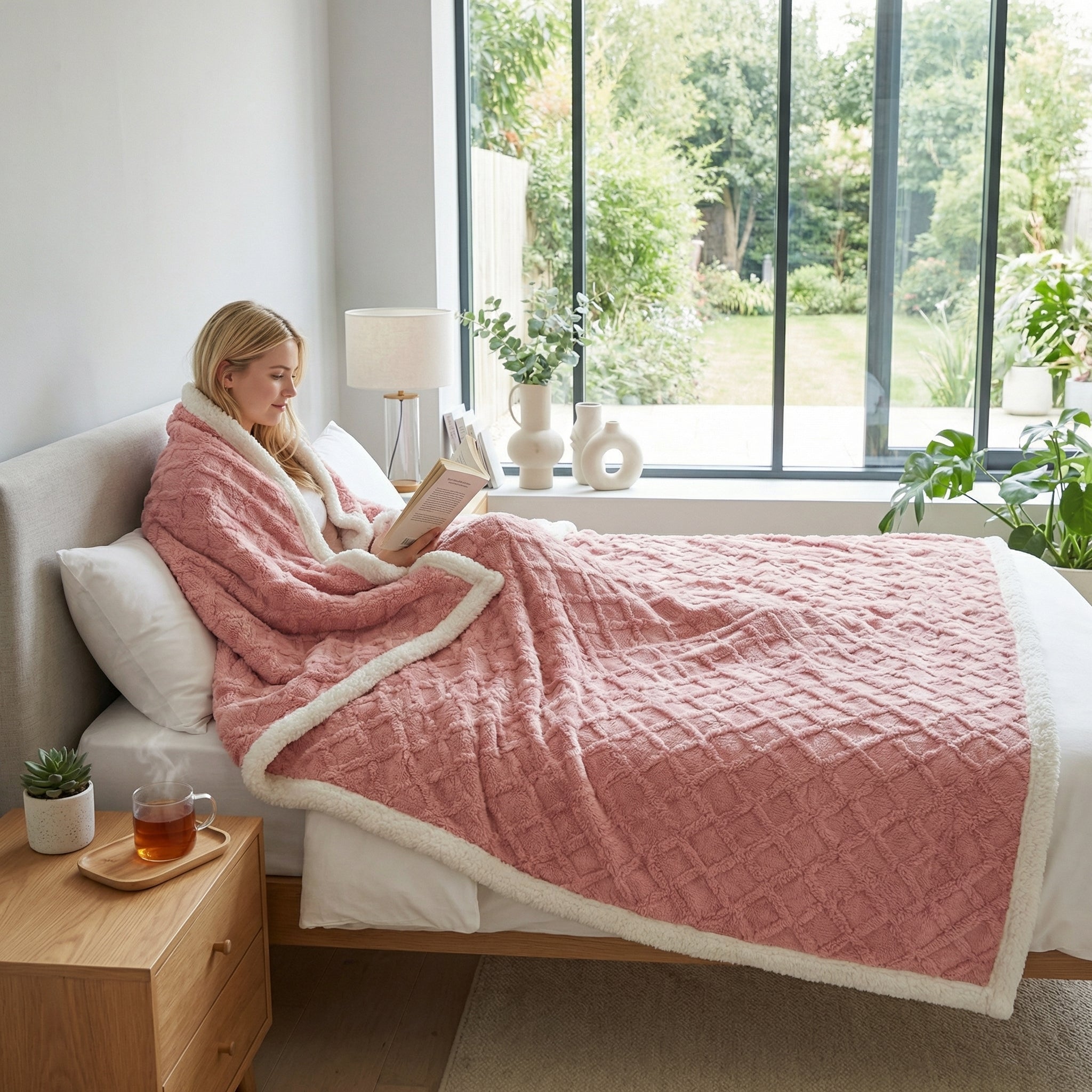 Blonde woman reading in bed, wrapped in a soft pink coral velvet blanket with a white sherpa trim.