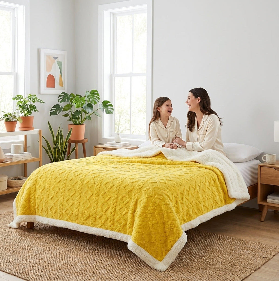 Yellow Coral Velvet Blanket with a textured pattern and white sherpa lining on a bed with a mother and child.