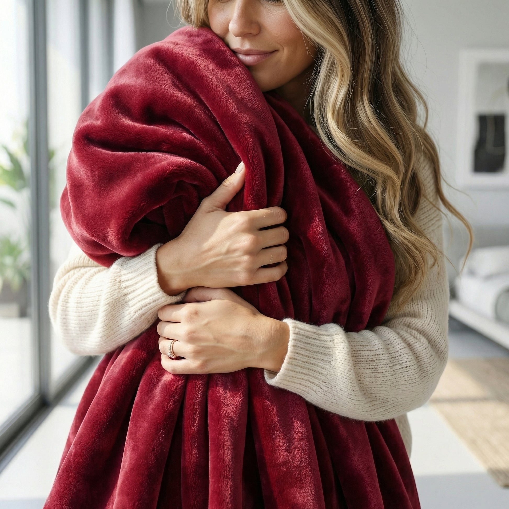 Woman in a cream sweater hugging a plush, double-sided coral velvet throw blanket in a rich red color.