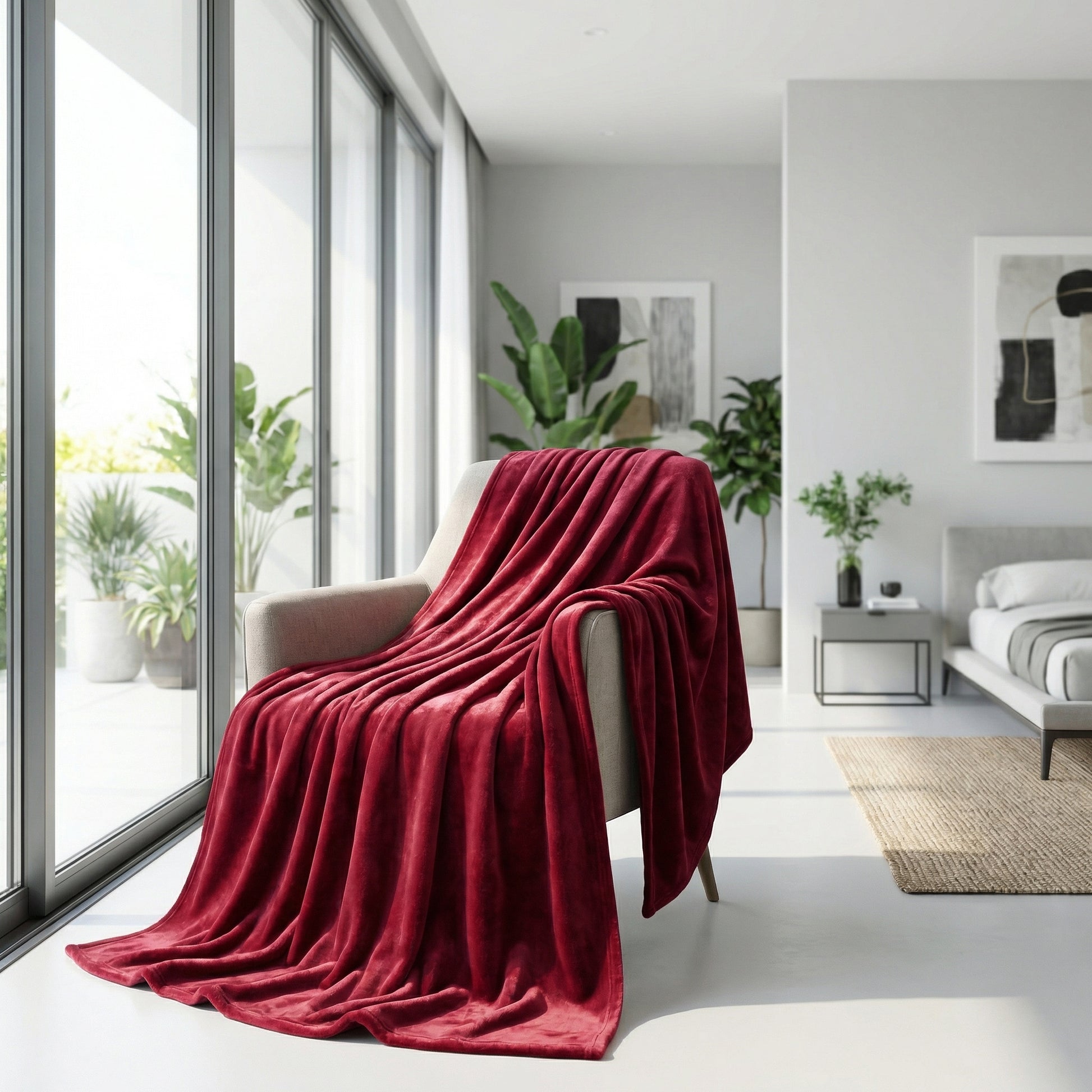 Plush red coral velvet throw blanket draped over a light armchair in a modern, sunlit room.