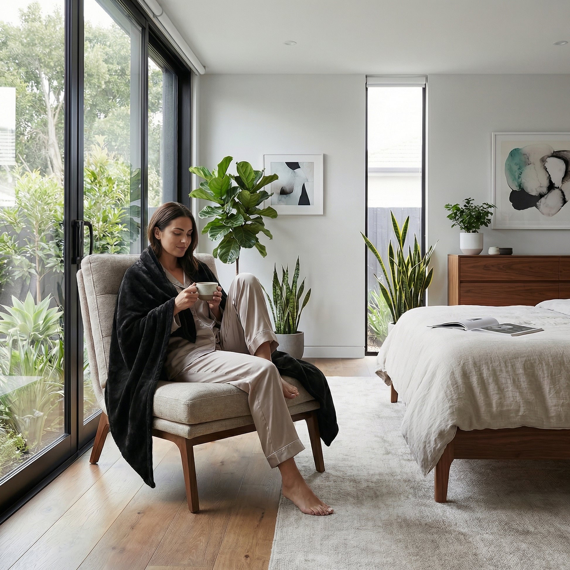Woman relaxing in a modern bedroom, wrapped in a plush black coral velvet throw blanket.