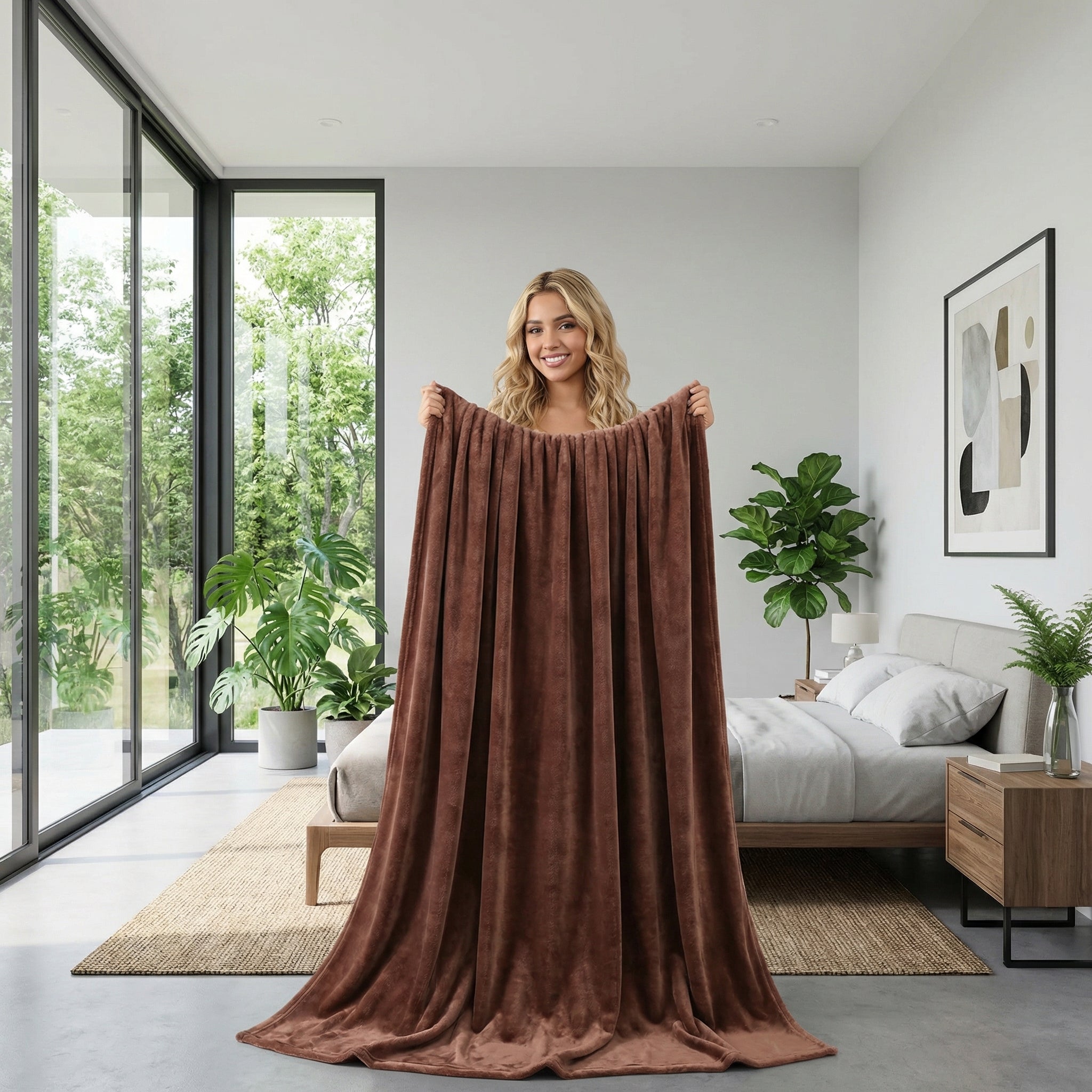 Smiling woman holding a brown coral velvet throw blanket in a modern bedroom.