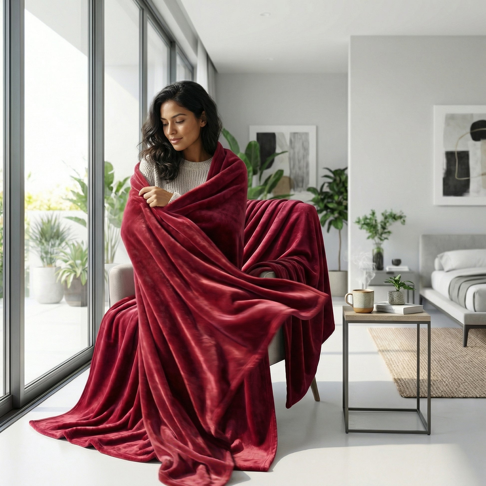 Woman wrapped in a plush, double-sided coral velvet throw blanket in a rich red color.