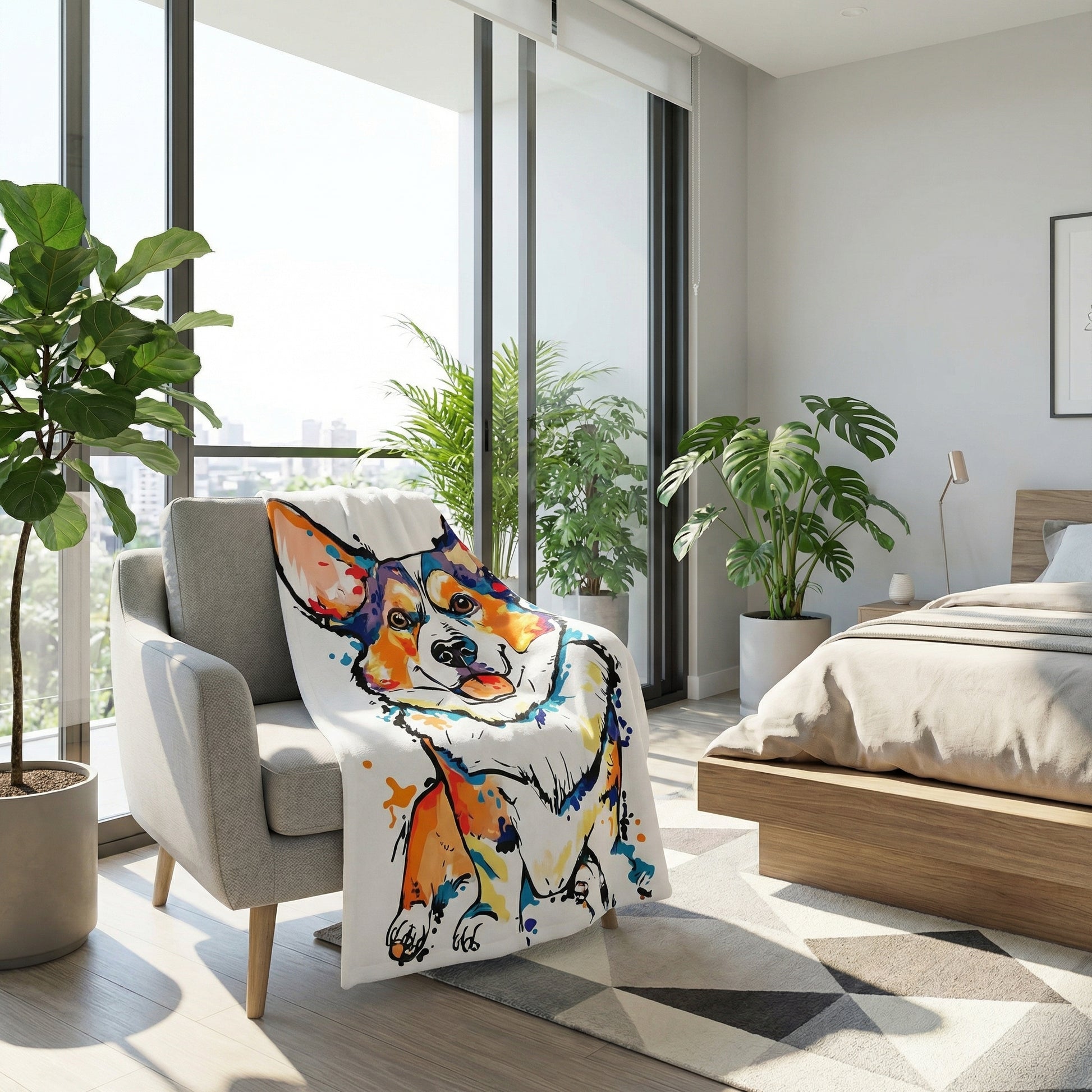 White plush flannel blanket with a colorful watercolor Corgi print draped over a gray armchair.