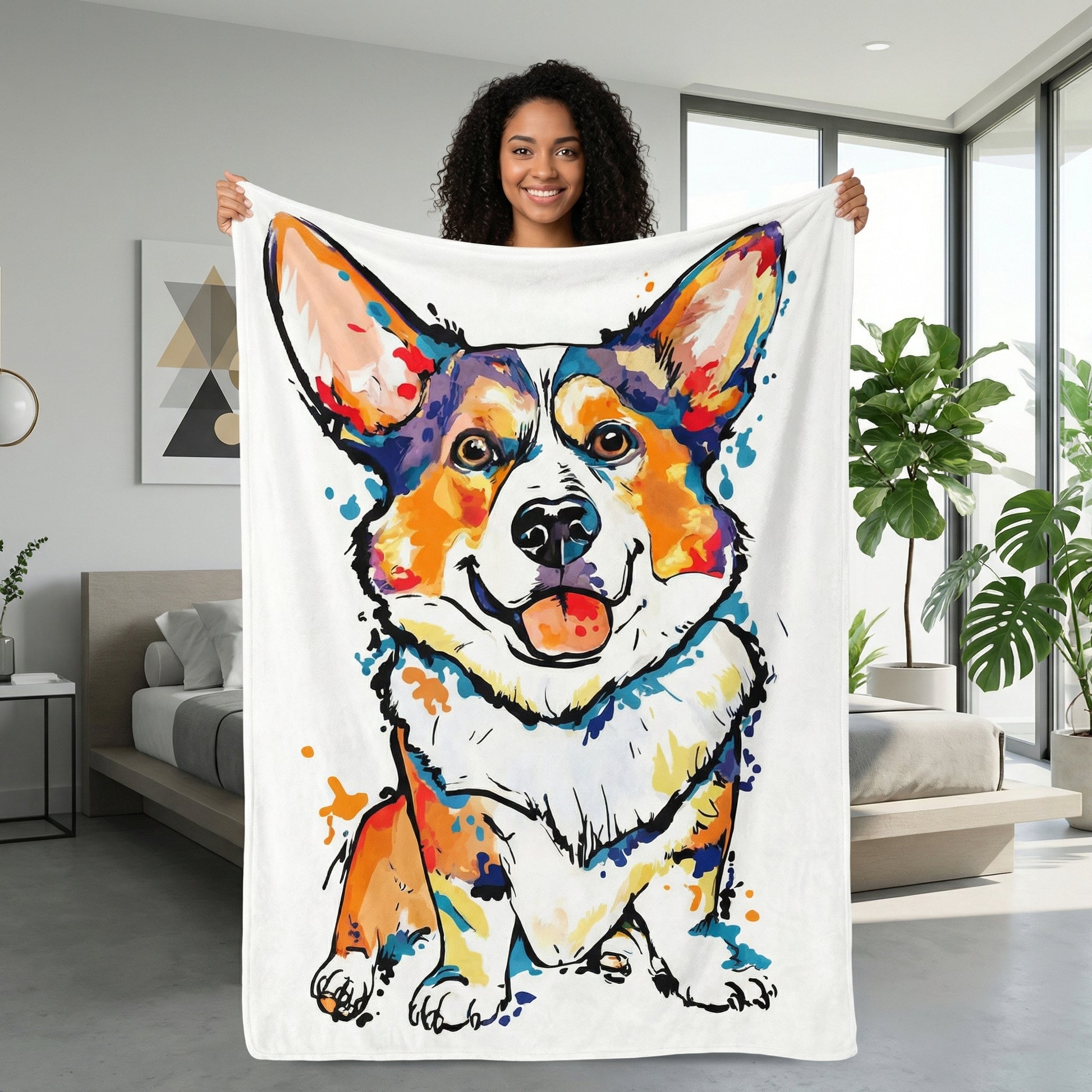 Smiling woman holding a white plush flannel blanket with a colorful watercolor Corgi print.