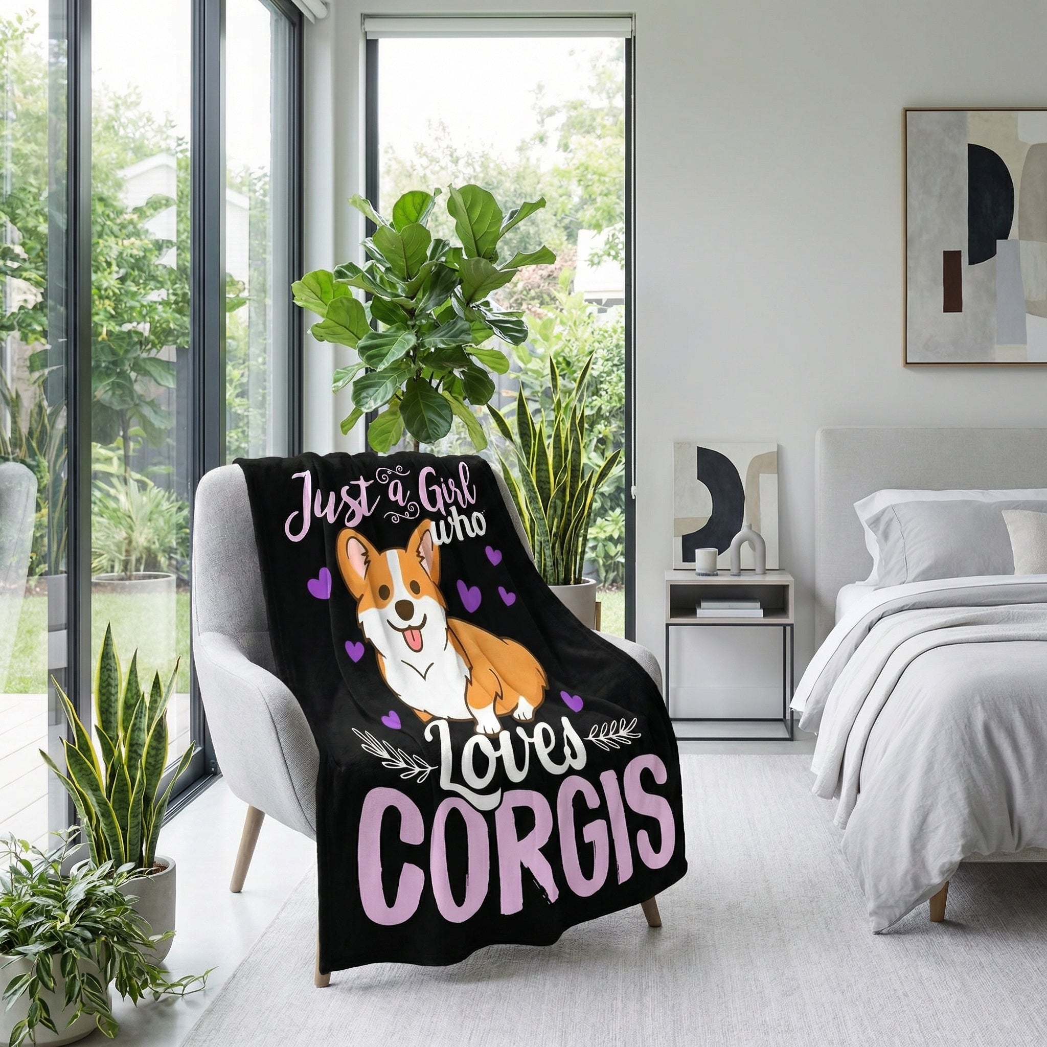 Black flannel plush blanket with a 3D print of a cute Corgi and "Just a Girl who Loves Corgis" text.