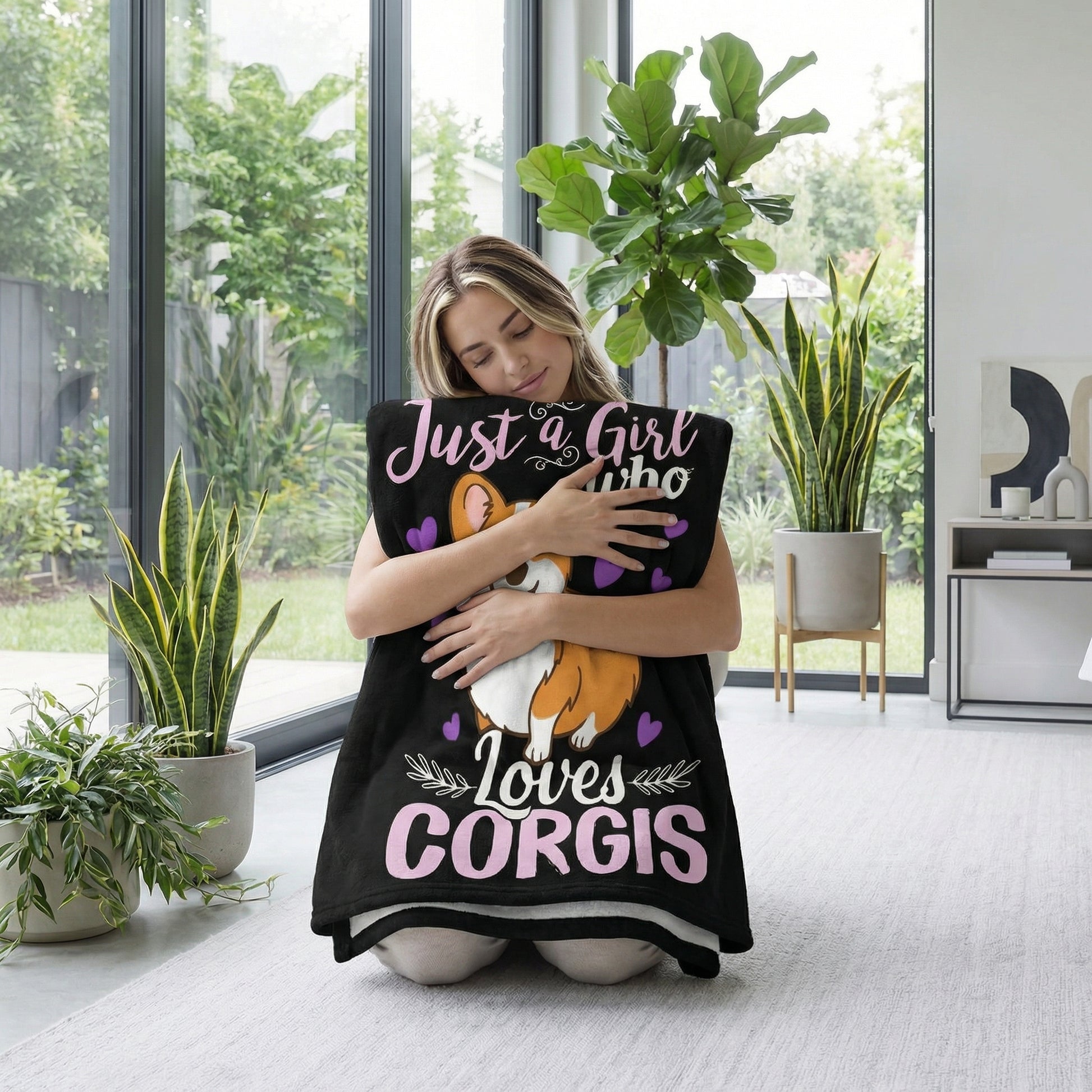 Woman hugging a black plush flannel blanket with a 3D print of a Corgi and "Just a Girl Who Loves Corgis" text.