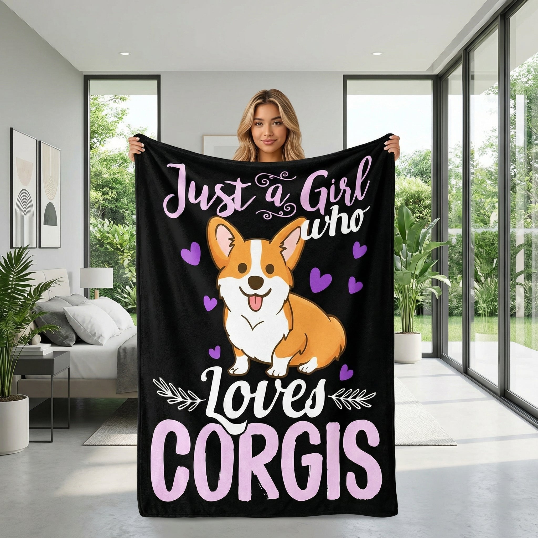 Woman holding a black plush flannel blanket with a cute Corgi and "Just a Girl who loves Corgis" text.