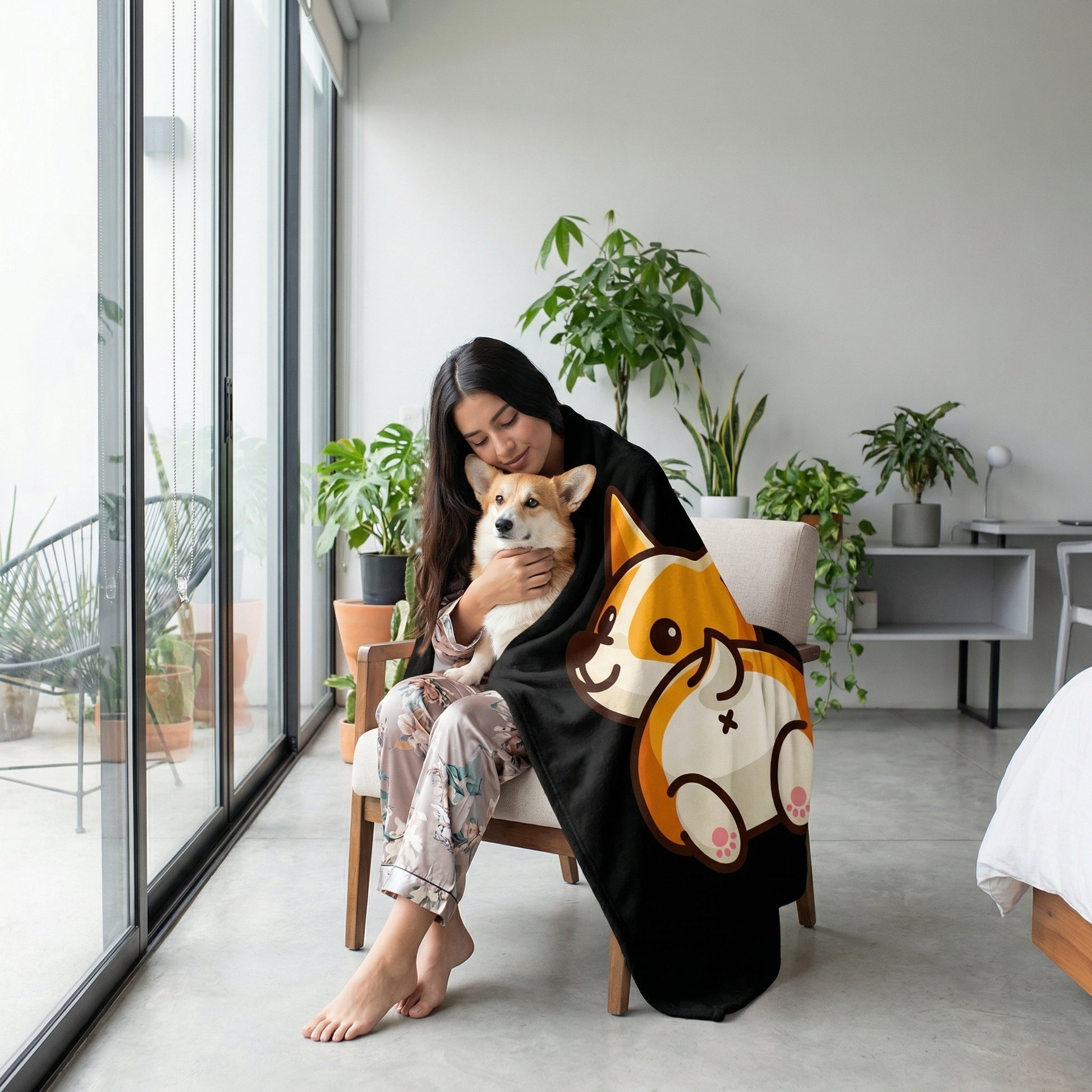 Woman cuddling a Corgi under a black plush blanket with a large Corgi 3D print design.