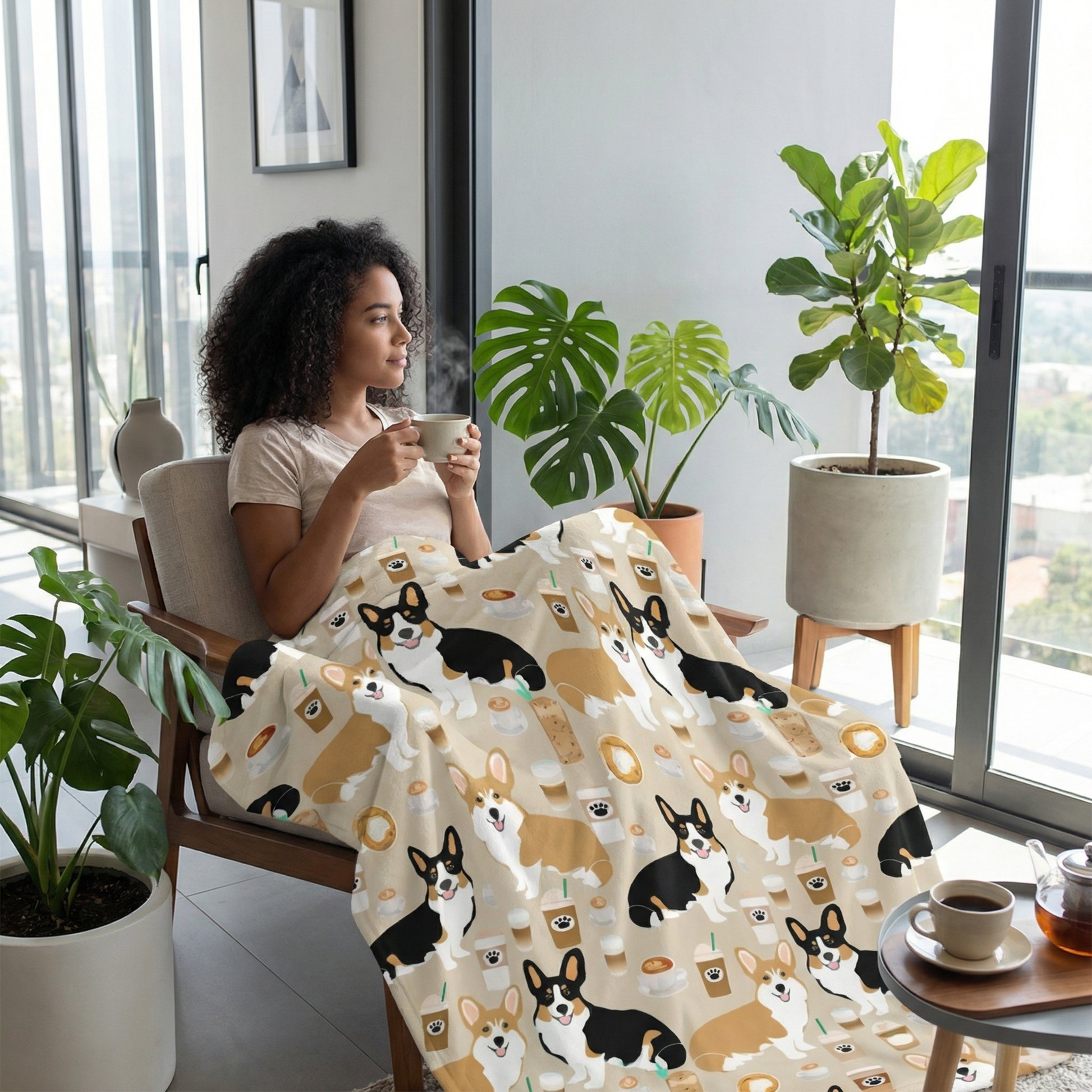 Woman relaxing with a Corgi plush blanket featuring a 3D print of cute Corgis and coffee cups.
