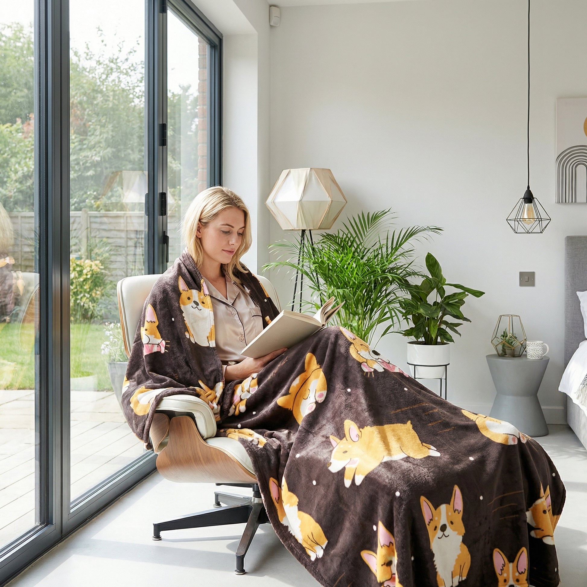 Woman wrapped in a brown Corgi plush flannel blanket, reading in a modern living room.
