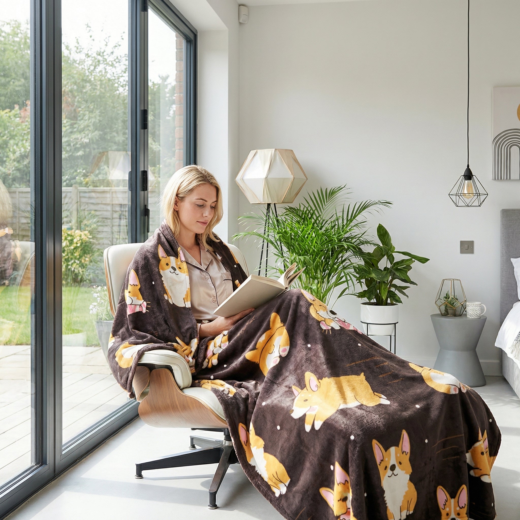 Woman wrapped in a brown Corgi plush flannel blanket, reading in a modern living room.