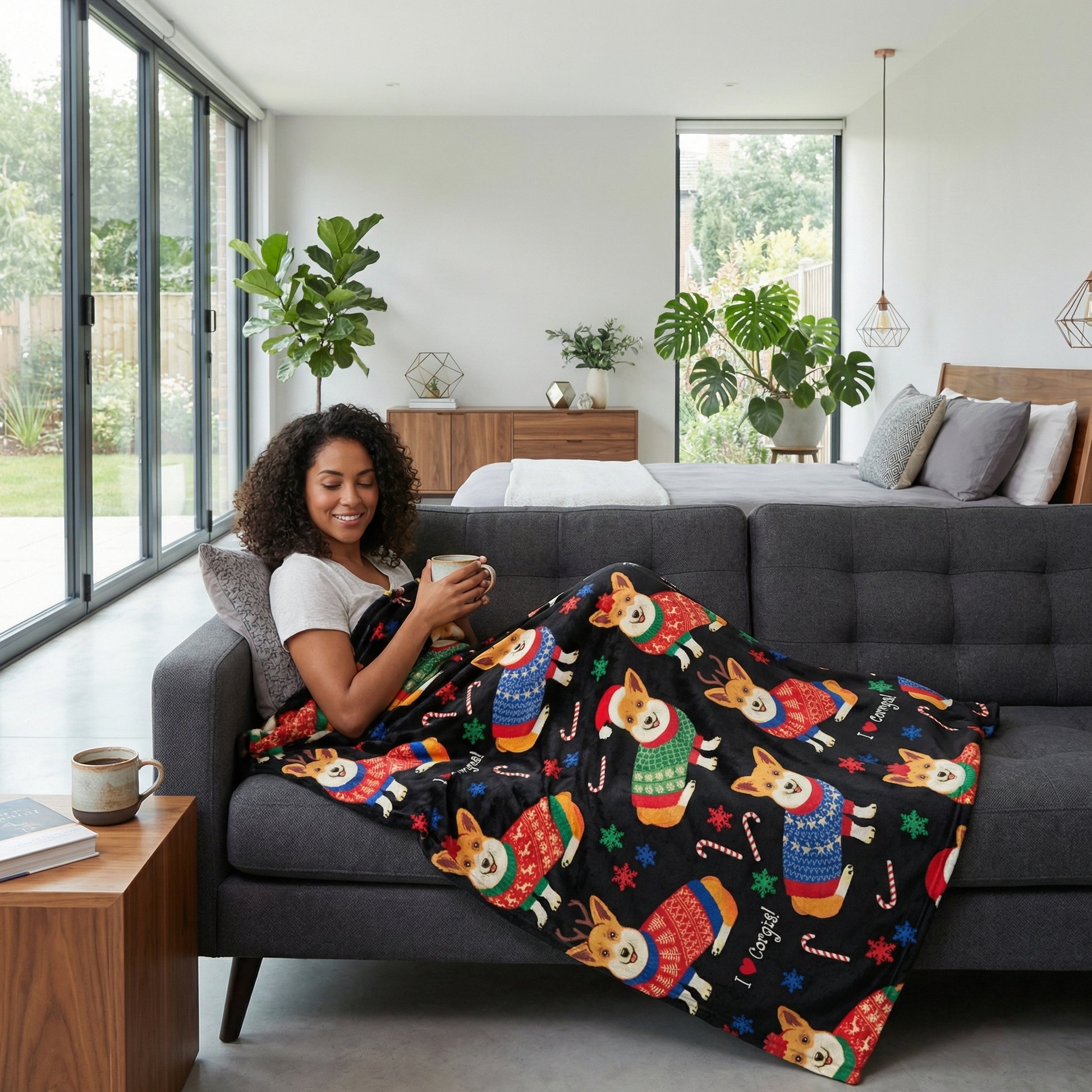 Woman relaxing on a gray couch, wrapped in a black Corgi plush blanket with colorful holiday sweaters.