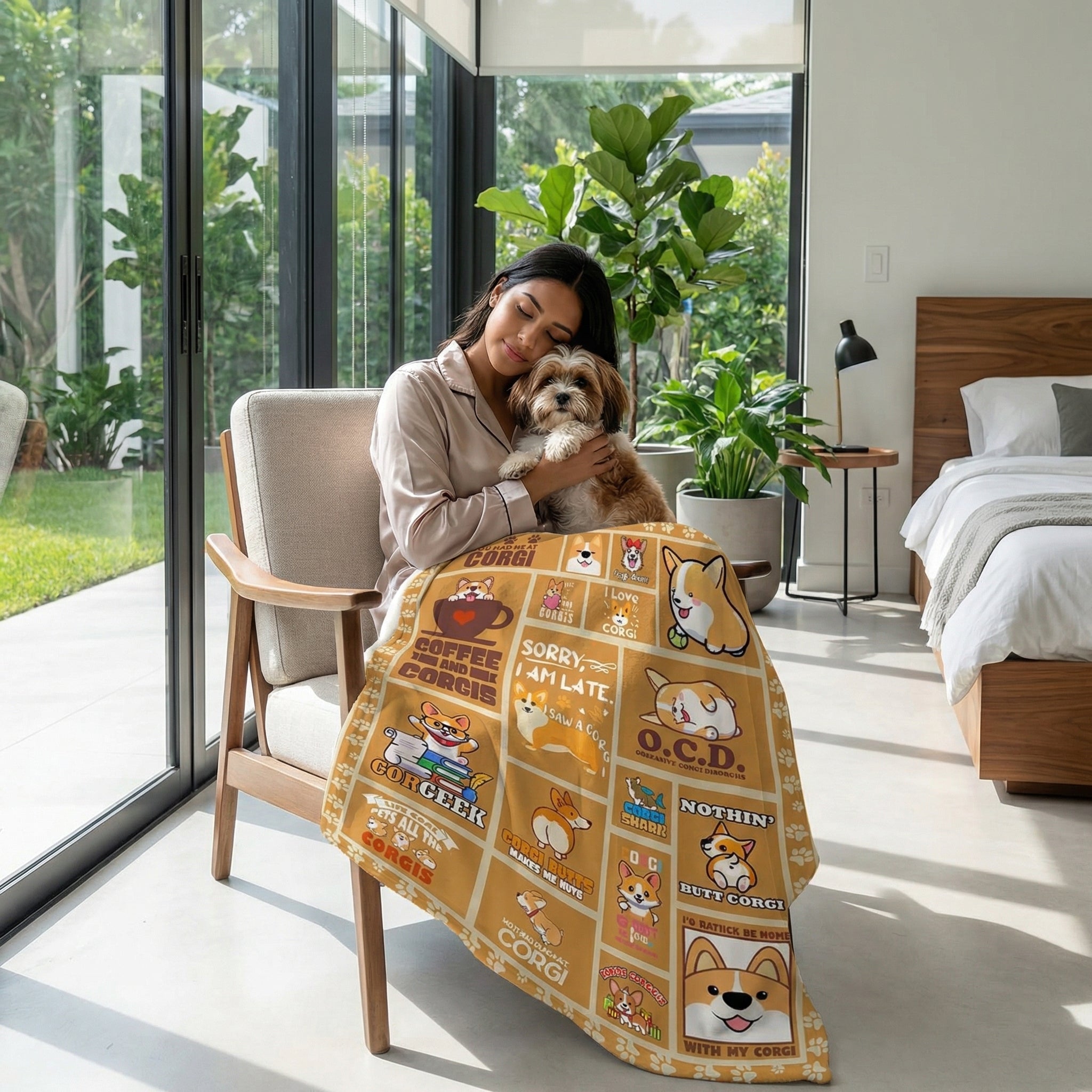 Woman cuddling a dog under a soft, light brown Corgi plush blanket with playful cartoon designs.