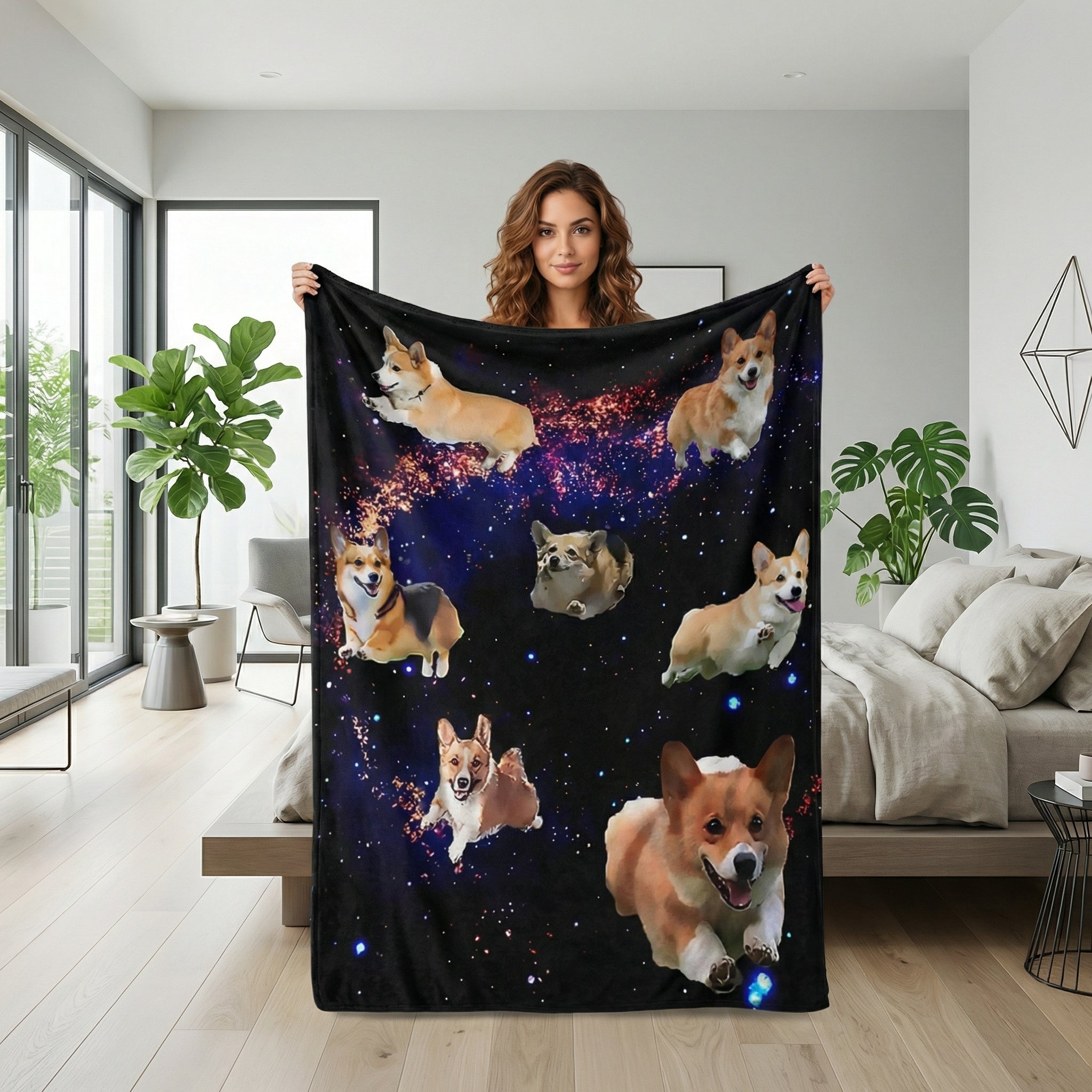 Woman holding a black plush flannel blanket with a 3D print of multiple Corgis and a galaxy design.