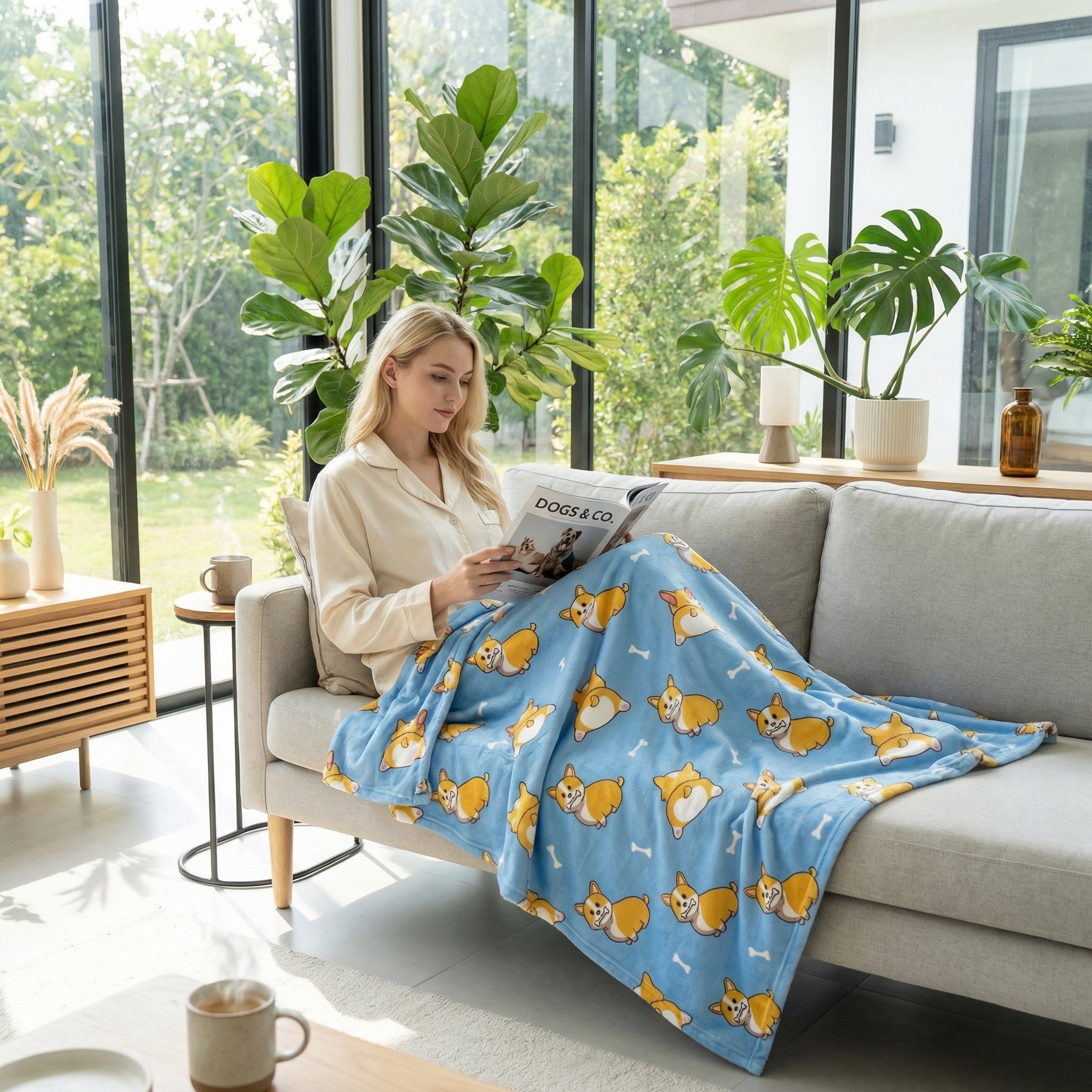 Woman on a couch covered by a blue plush flannel blanket with a 3D print of cute Corgis and bones.