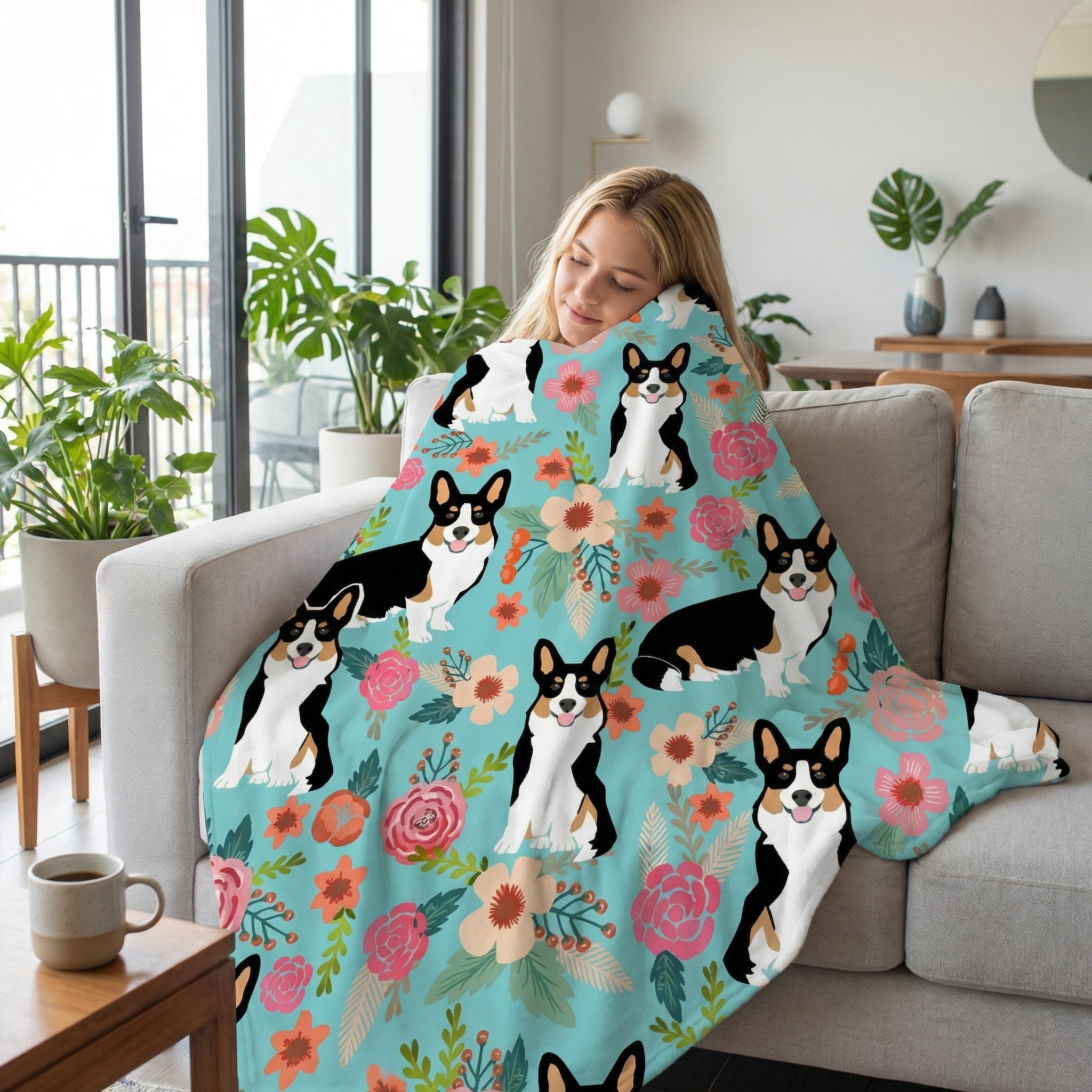 Blonde woman snuggled on a couch under a soft, blue flannel blanket with a 3D Corgi and floral print.
